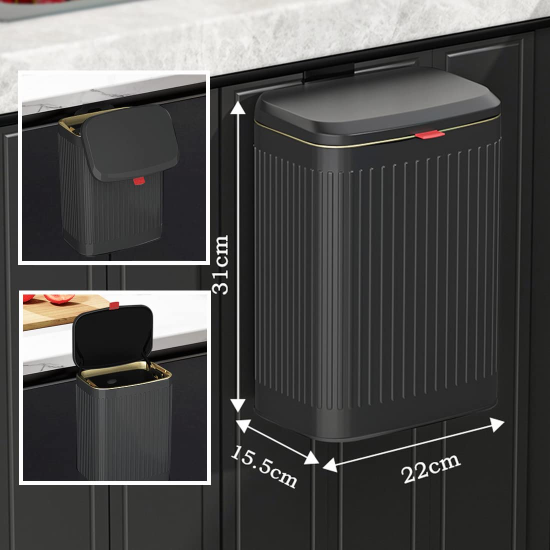 Hanging Trash Bin with Lid, 8 Liter Stainless Steel Garbage Can for Cupboard or under Sink, Wall Mounted Kitchen Compost Bin Wastebasket for Bedroom, Bathroom, Office(Black)