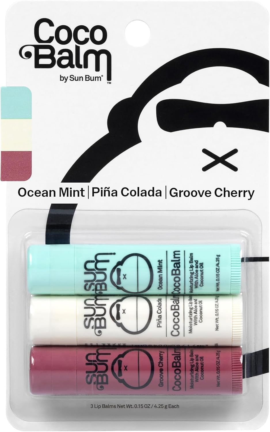Sun Bum Cocobalm 3 Flavor Variety Pack - Ocean Mint, Pi&ntilde;a Colada, and Groove Cherry - Hydrating Lip Balm with Coconut Oil and Aloe Vera (0.15 Oz, 3 Ct) image number 1