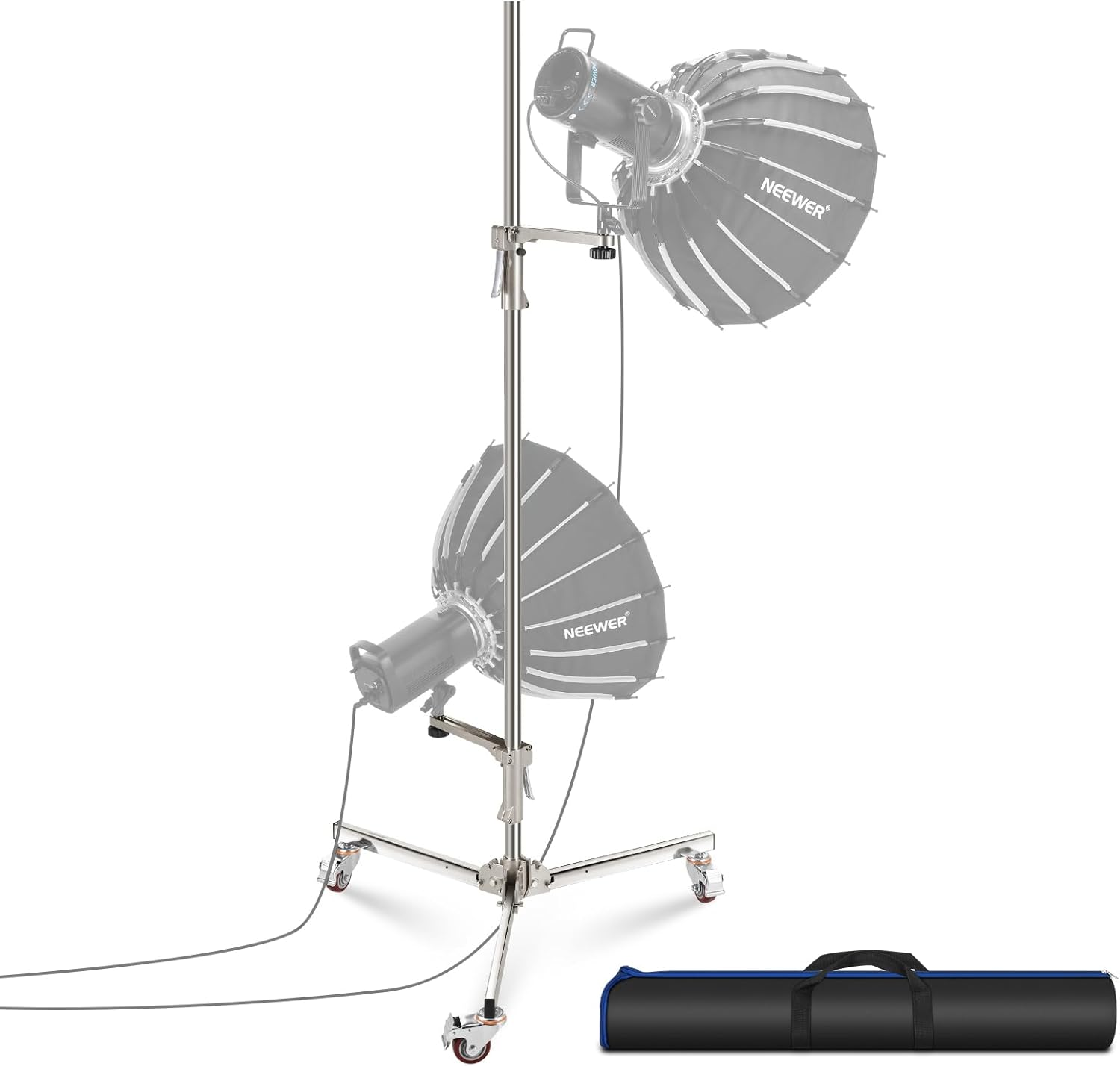 NEEWER 6.5Ft/198Cm Stainless Steel Light Stand, Heavy Duty Tripod Stand with Caster Wheels, 2 Sliding Arms with Pistol Grip, Folding Leg for Photography Softbox Monolight, Max. Load 35Lb/16Kg, ST198SS image number 4