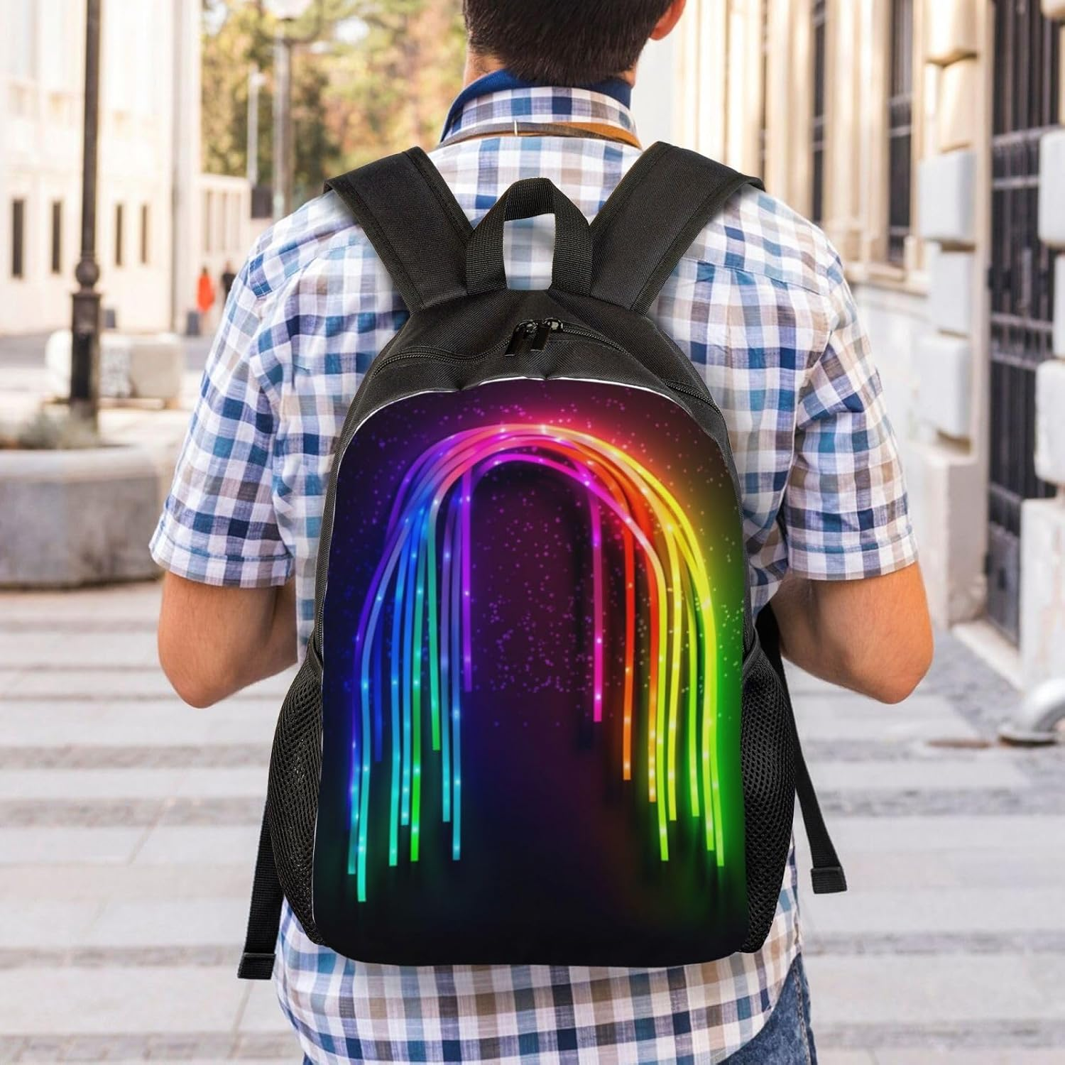 FJWSLCH Rainbow Neon Backpack for Women Men Laptop Backpack 16.1 Inch Computer Bag Casual Daypack for Travel, Black, One Size, Travel Backpacks image number 1