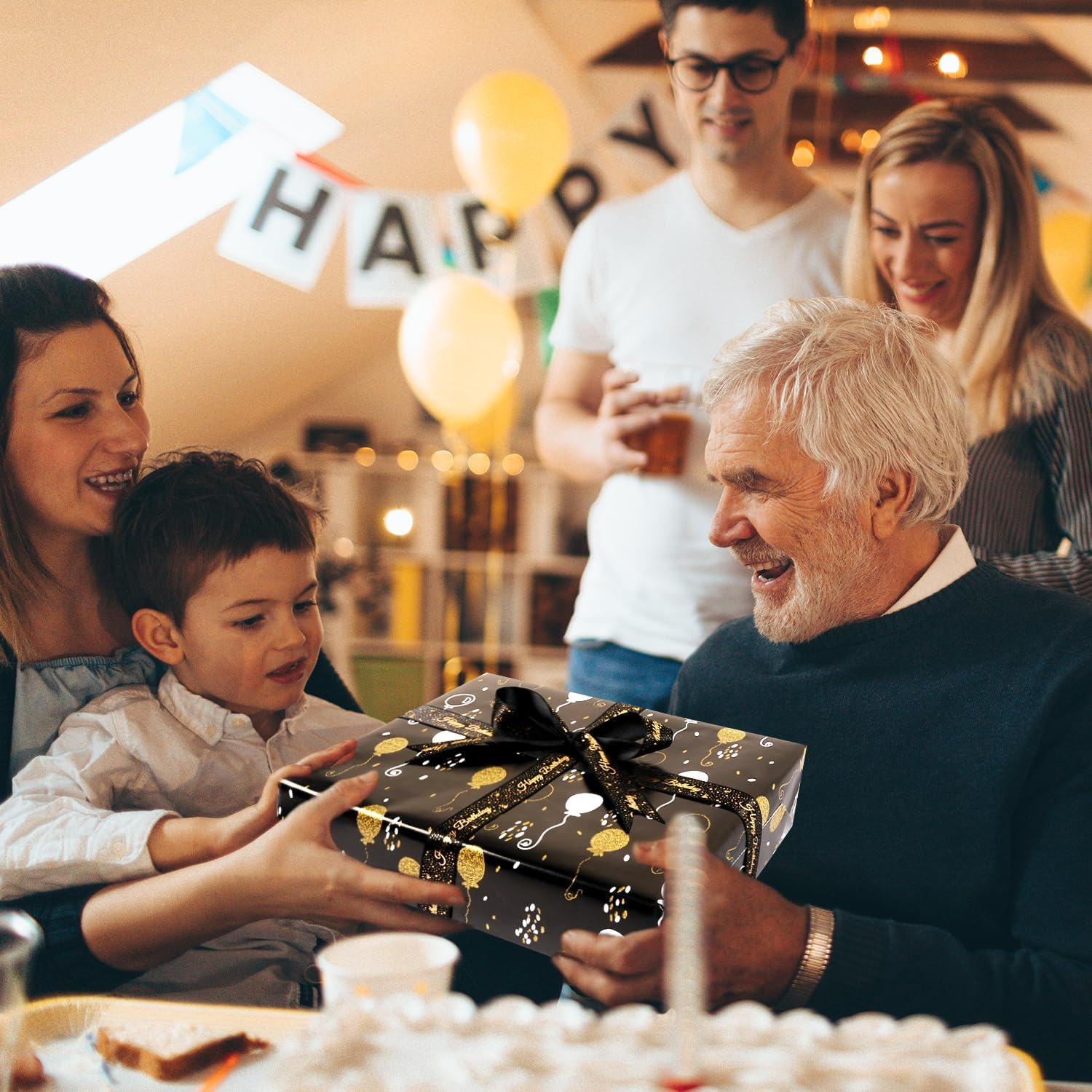 Birthday Gift Wrapping Paper Roll - Metallic Gold Black Wrapping Paper - Black Gold White Balloon Designs Gift Wrap for Birthday Baby Shower Holiday Party Decor - Mini Roll-17Inch*33Feet (Black Gold) - Colorful image number 3