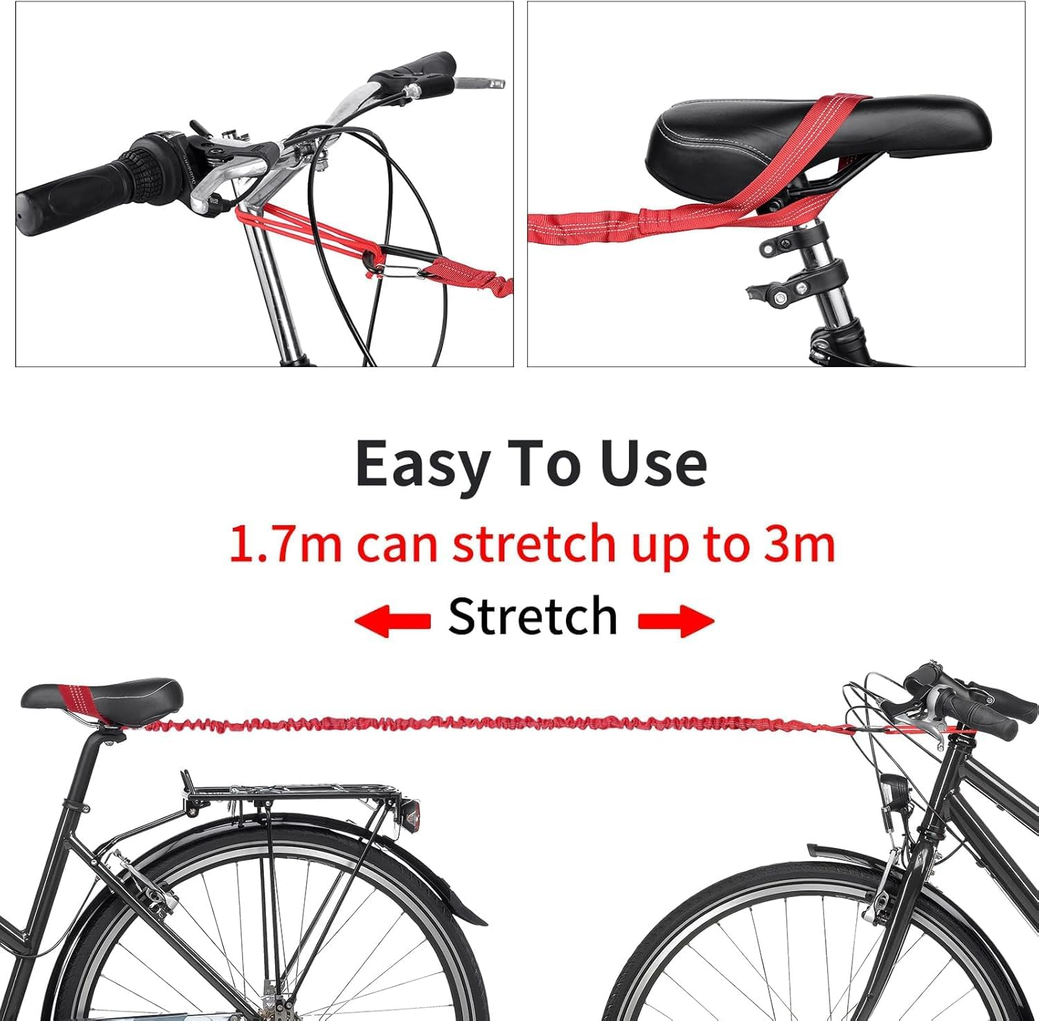 3 Meters Elastic Bicycle Tow Strap, 1Pc Cycling Stretch Pull Strap Bicycle Tow Rope, Elastic Bicycle Tow Rope with Storage Bag, MTB Cycling Stretch Pull Strap for Long Ride Going Uphill, Red