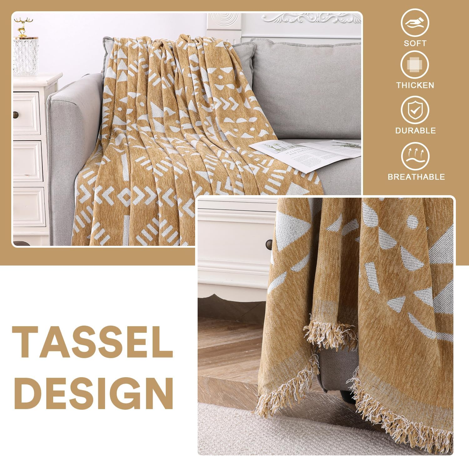 Smarcute Chenille Sofa Cover for Cushion Couch Sofa Slipcover Soft Couch Cover for Sectional Couches Sofa Towel Cover for Living Room Furniture Throw Covers for Pets Dog(Xx-Large,180X381Cm, Khaki) image number 2