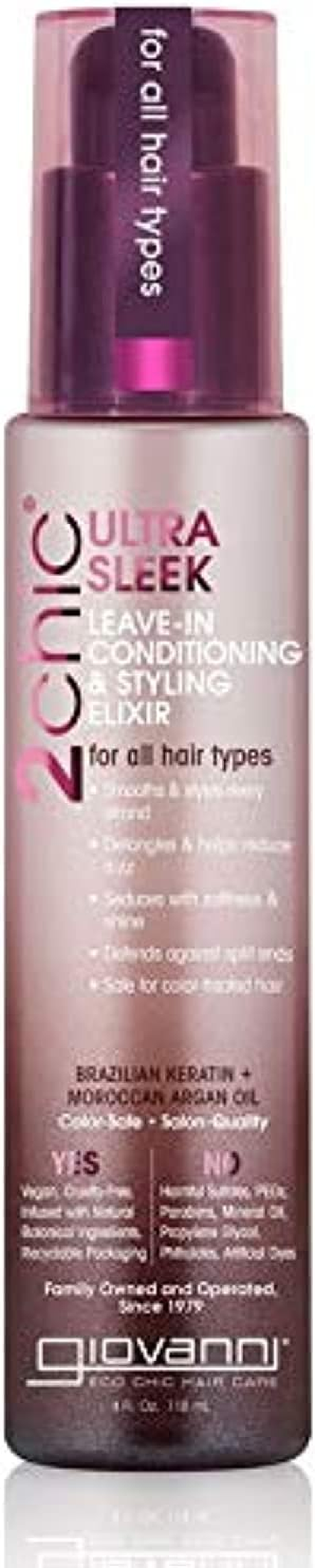 GIOVANNI 2Chic Ultra-Sleek Leave-In Conditioning & Styling Elixir - Phyto-Keratin & Argan Oil, Anti-Frizz Formula, Coconut, Shea Butter, Pro-Vitamin B5, Color Safe, Paraben Free 118Ml image number 1