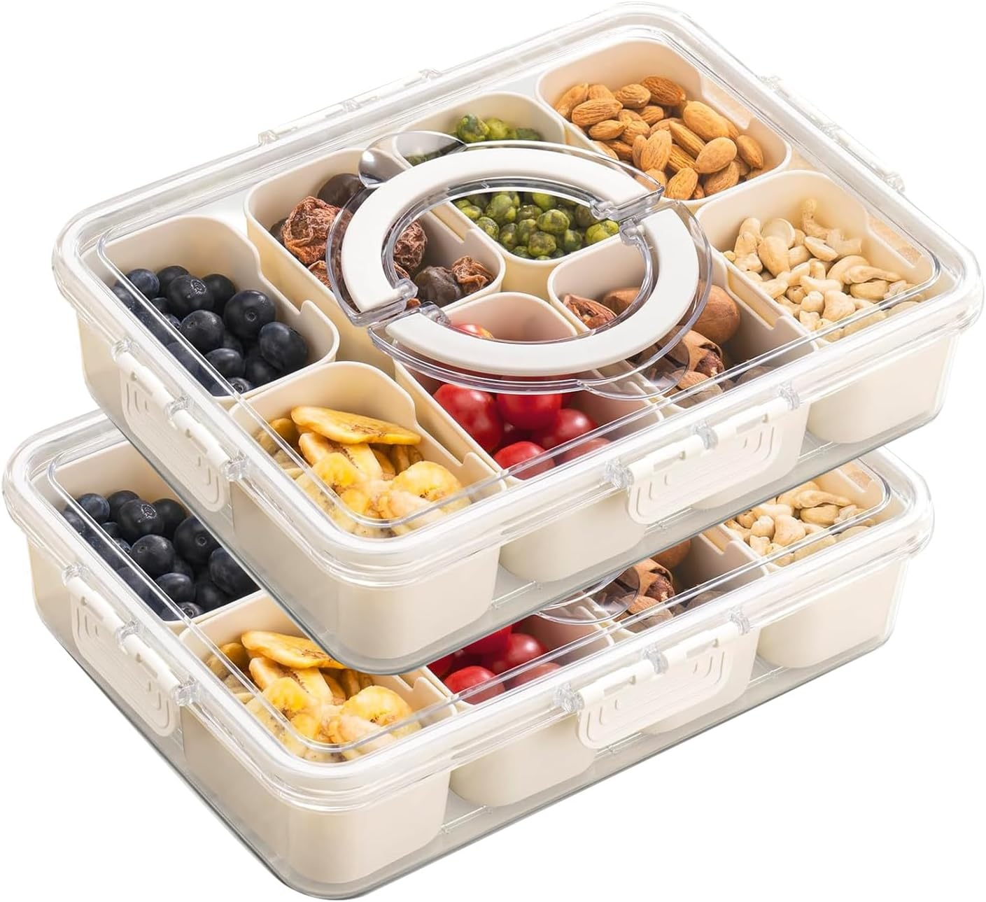 Dishwasher Safe Snack Box Container, 8 Compartments Storage Containers with Airtight Lid & Handle - Clear Snack Divided Serving Tray for Veggie, Candy and Nuts Organizer, Portable Platters (1)