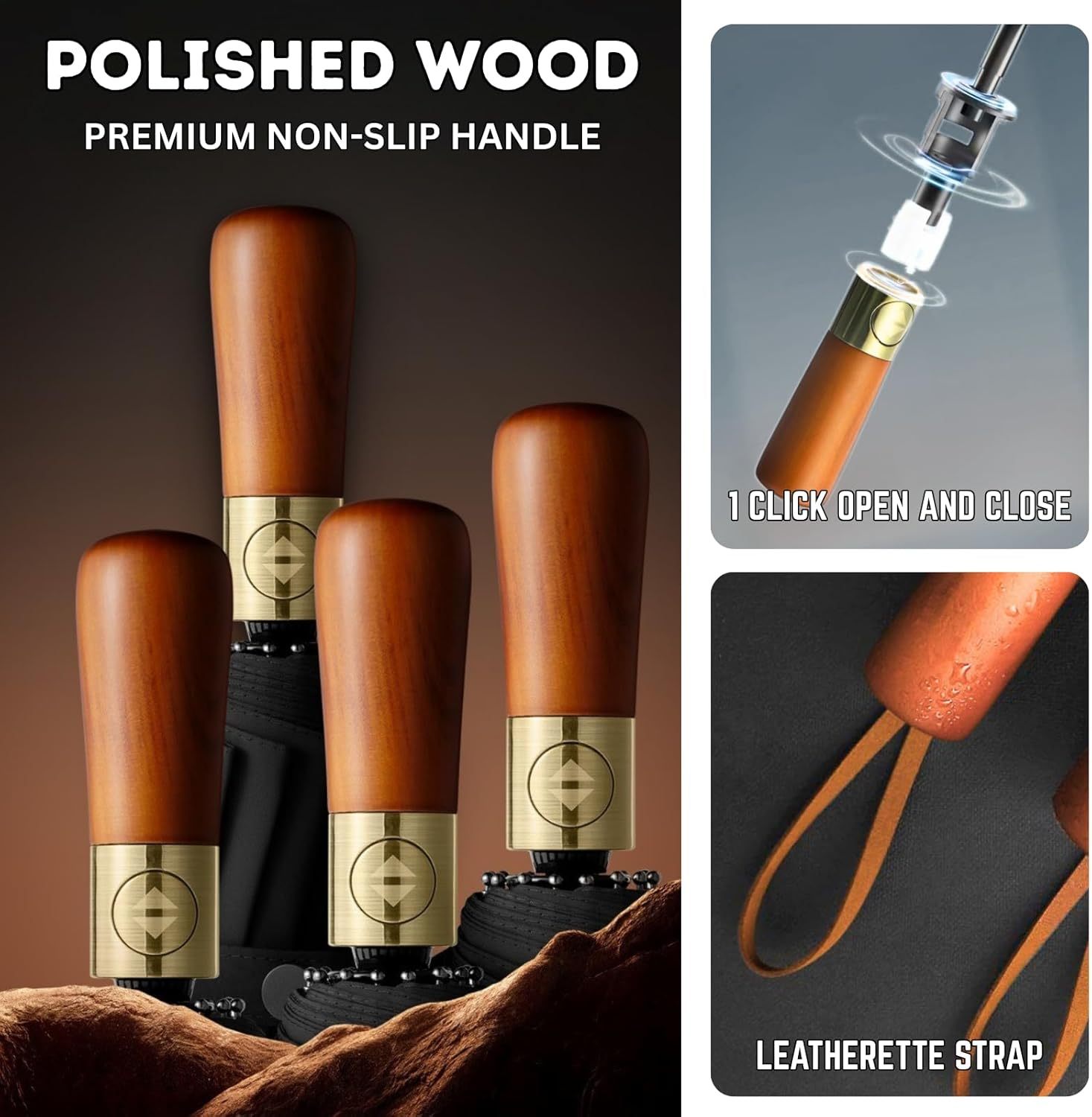 Windproof 12-Rib Auto-Opening Umbrella with Wooden Handle &ndash; Compact Folding Umbrella for Travel, Strong Rain and Sun Protection, UPF UV, Large Portable Golf Beach Parasol image number 4