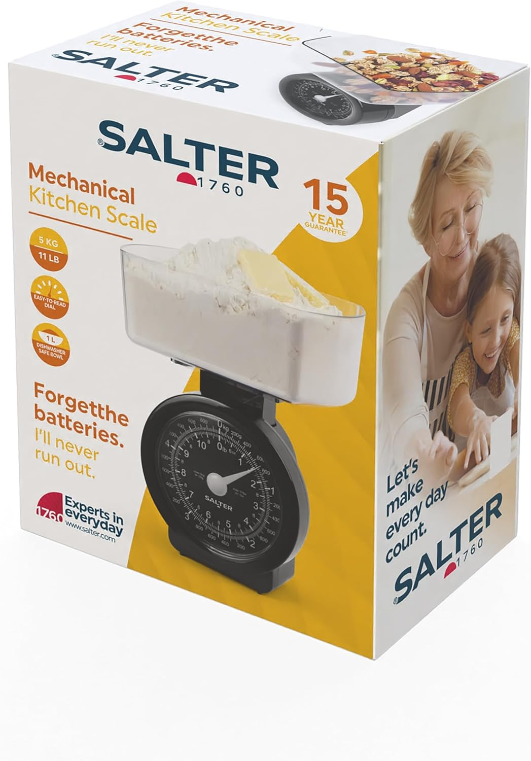 Salter Mechanical Kitchen Scale - Mini Analogue Food Scale, 5Kg Capacity, 1L Dishwasher Safe Detachable Bowl, No Batteries, Scale Fits inside Bowl for Compact Storage, Easy Read Dial, 114 BKCLDR image number 4
