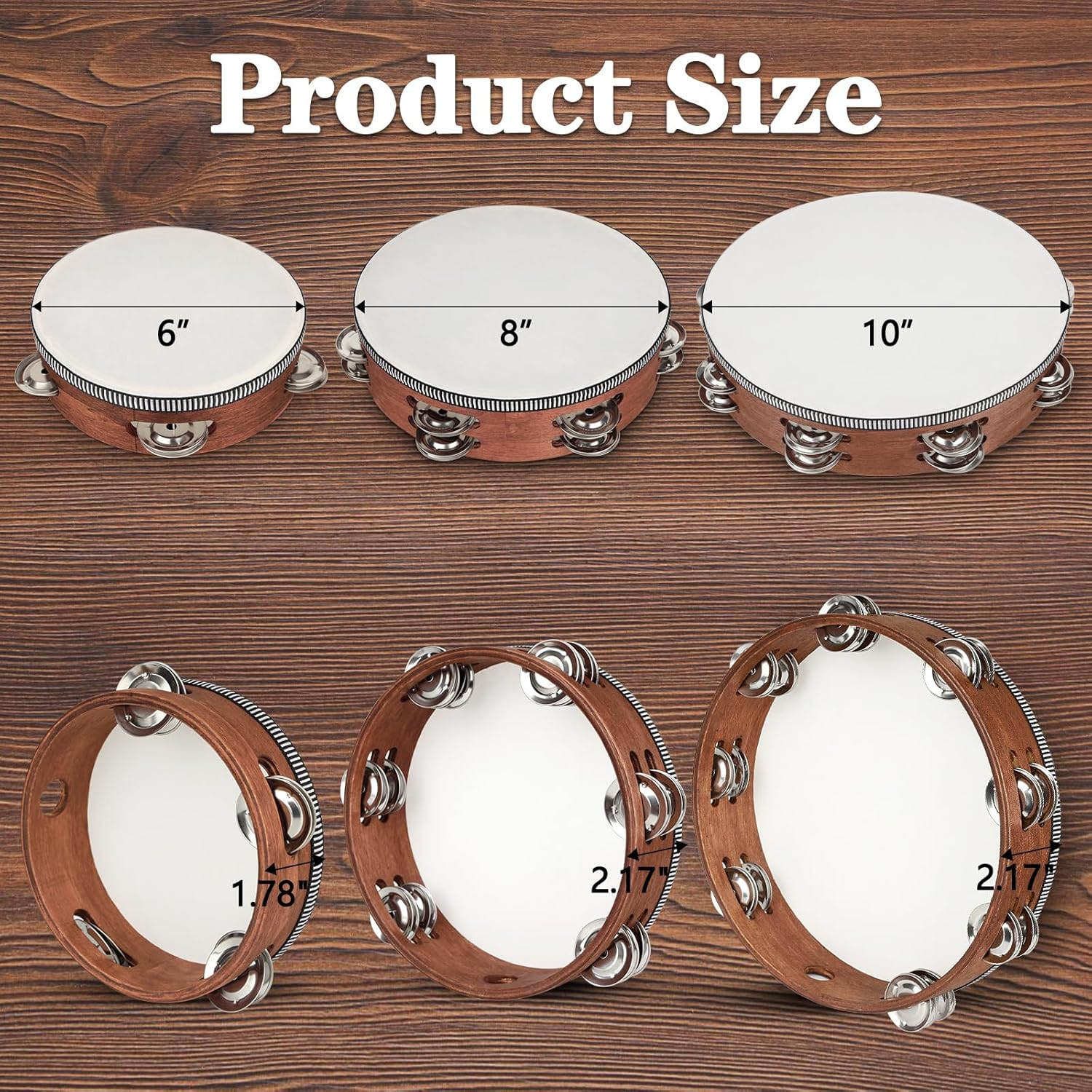 Wooden Hand Held Percussion Tambourine with Storage Bag - 6+8+10 Inches, Ideal for Church, Wedding, Party, Dance, Photo Shoot image number 1