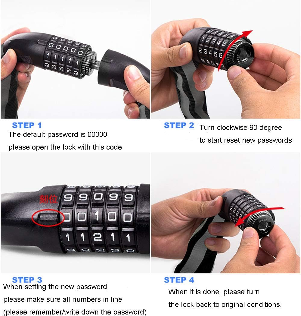 NUZAMAS Combination Bicycle Chain Lock, Cable Locks High Security 5 Digit Resettable Combination Bike, Scooter, Grills Lock with Reflective Chain Cover image number 3