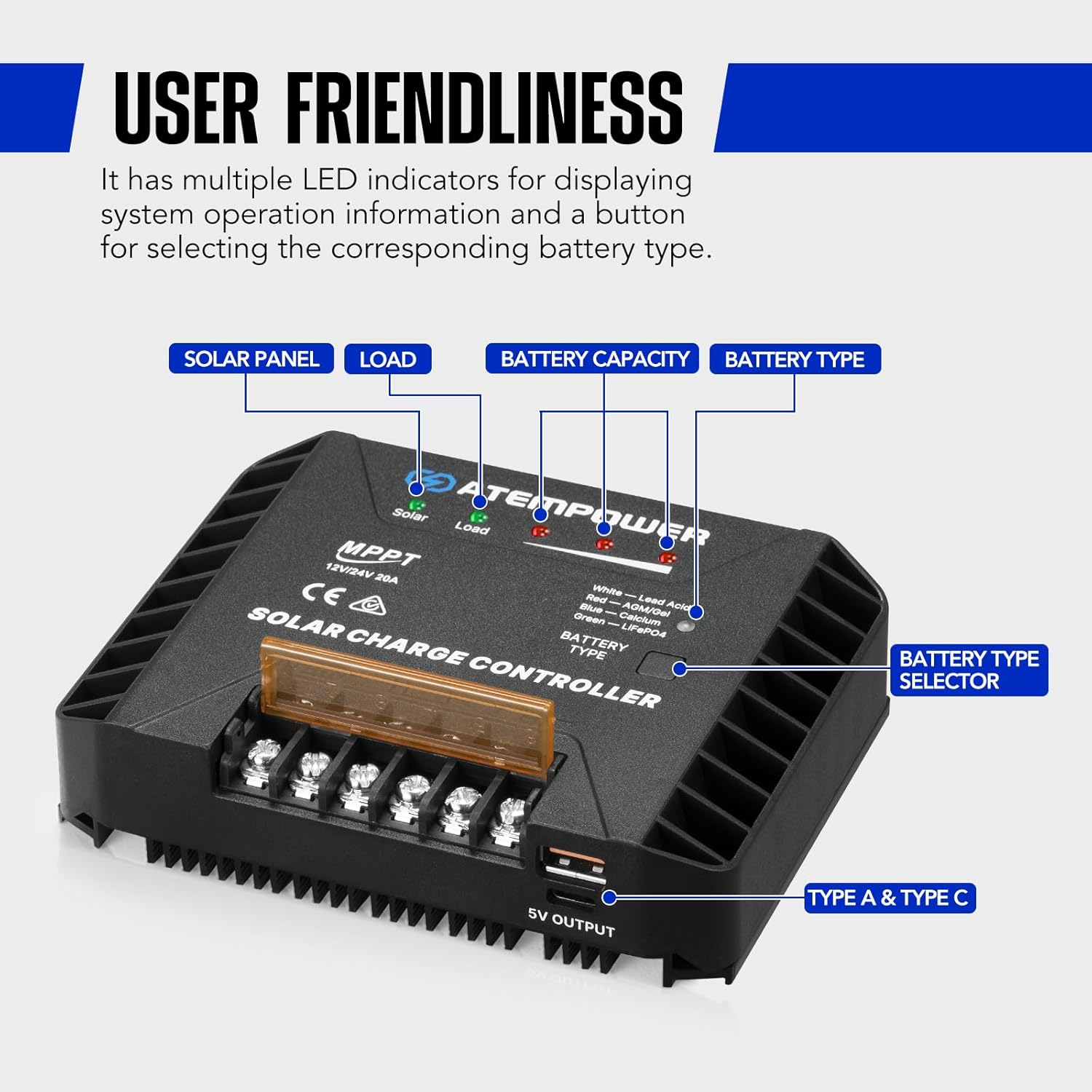 ATEM POWER 20A 12V/24V MPPT Solar Controller Selecting Battery Type Activate Lithium Battery Intelligent Solar Controller Compatible with Lead Acid, AGM, Gel, Calcium and Lifepo4 Battery image number 5