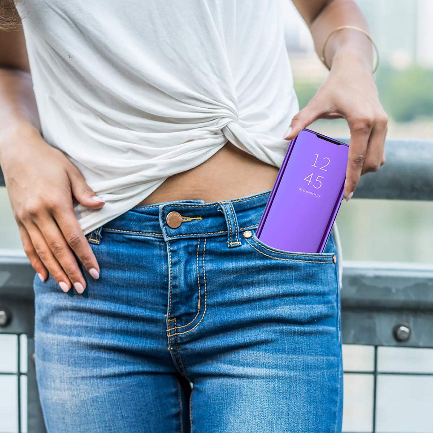 HAOYE Case for Samsung Galaxy S25+ plus 5G, Mirror Smart View Mobile Phone Case PC/PU Premium Leather Flip Case Cover, Stand Mirror Protective Case with Folding Stand, Purple Blue image number 6