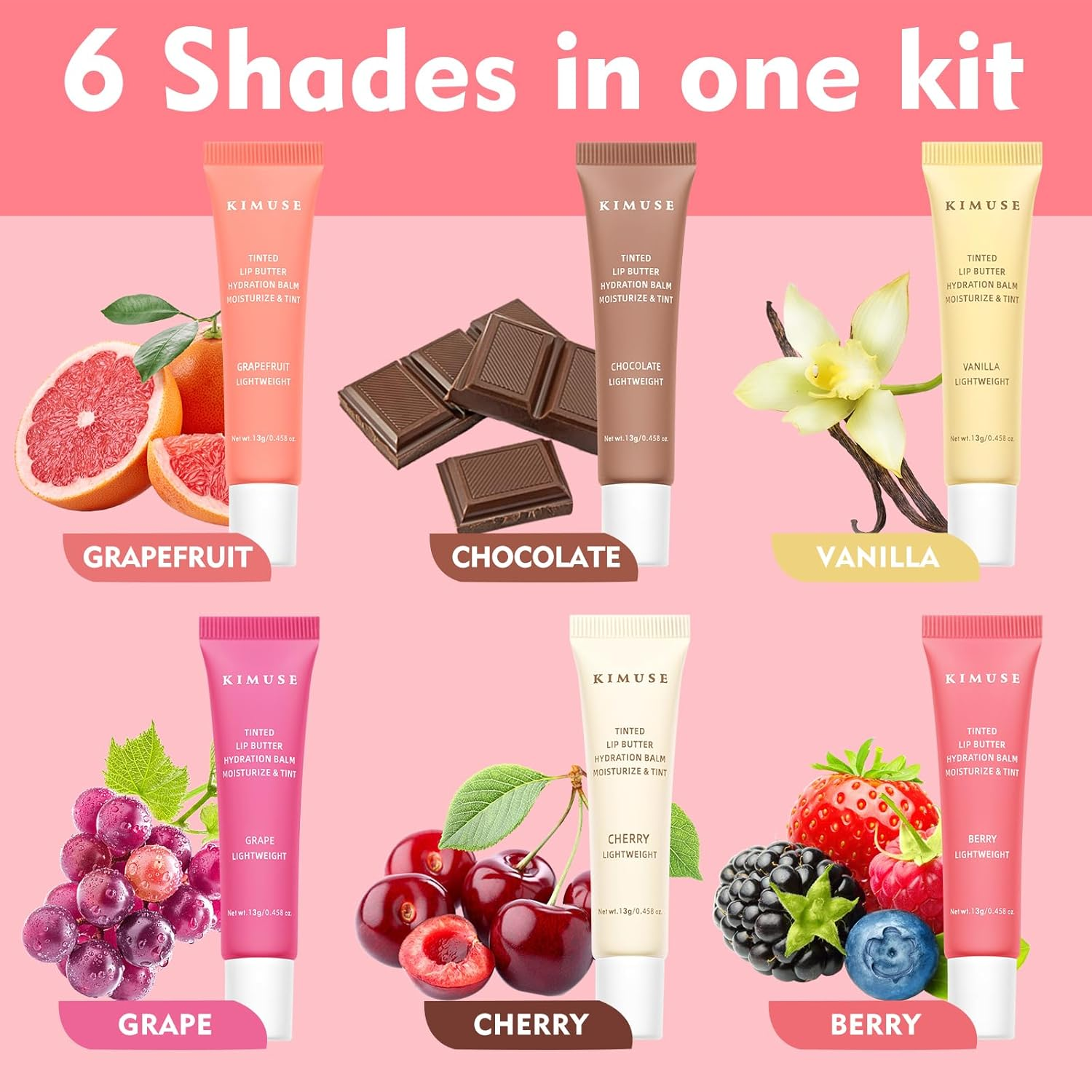 KIMUSE Tinted Lip Butter Hydration Balm Trio, 6 Flavored Shades Hydrating Plumping Gloss with Sheer Tint, Non-Sticky | Vegan Lip Care Makeup for Dry Lips & Daily image number 3