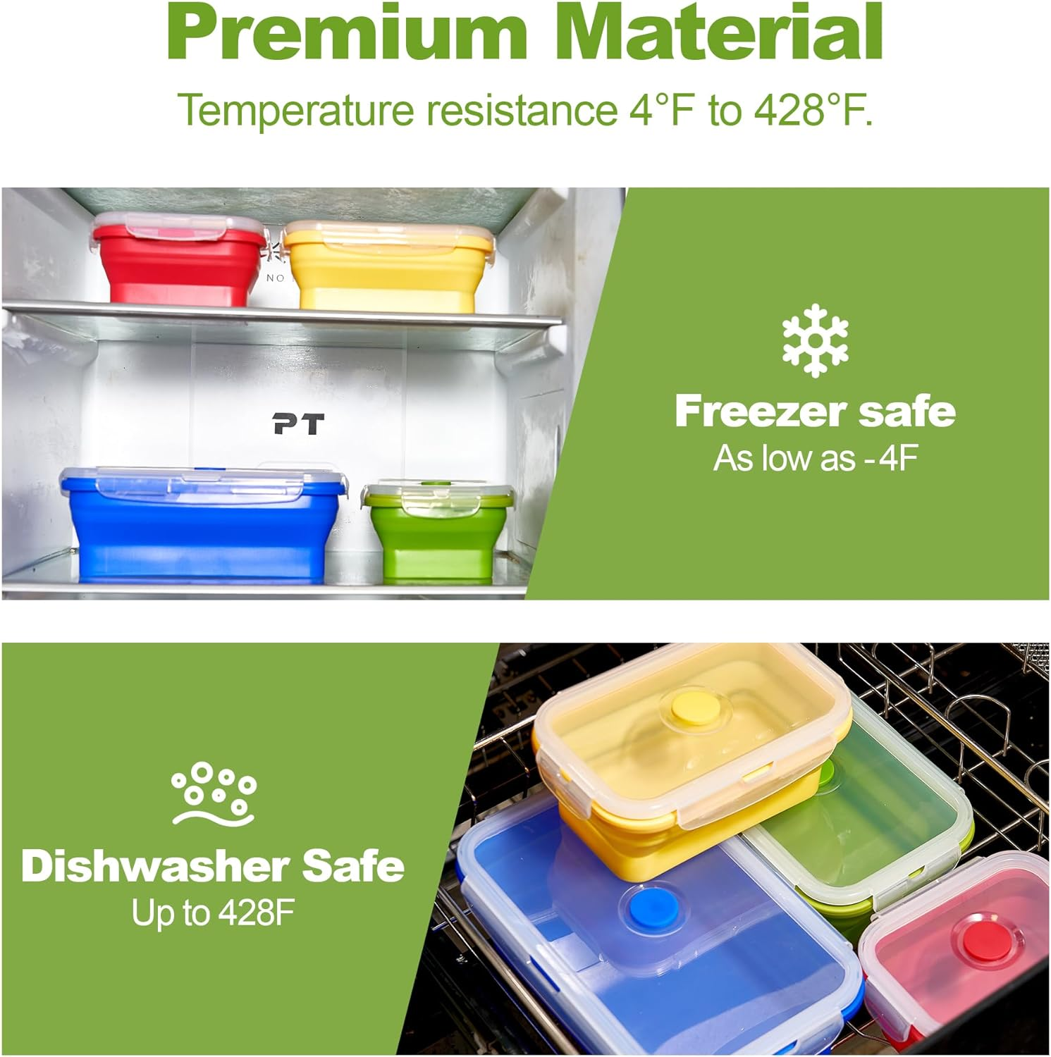 Set of 4 Collapsible Silicone Food Storage Container, Leftover Meal Box for Kitchen, Bento Lunch Boxes, BPA Free, Microwave, Dishwasher and Freezer Safe. Foldable Thin Bin Design Saves Your Space. image number 4