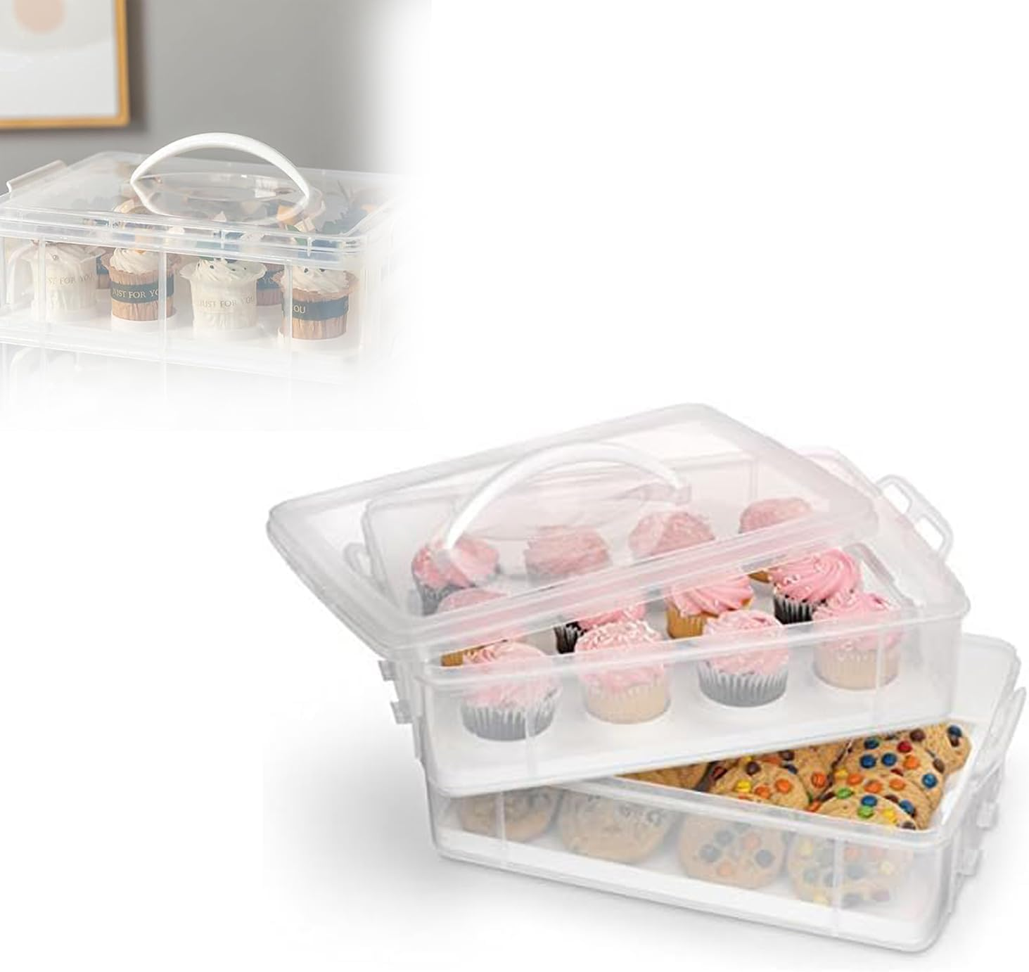 Cupcake Holder for 24 Cupcakes, Two Tier Container, Portable, Reusable, White image number 2