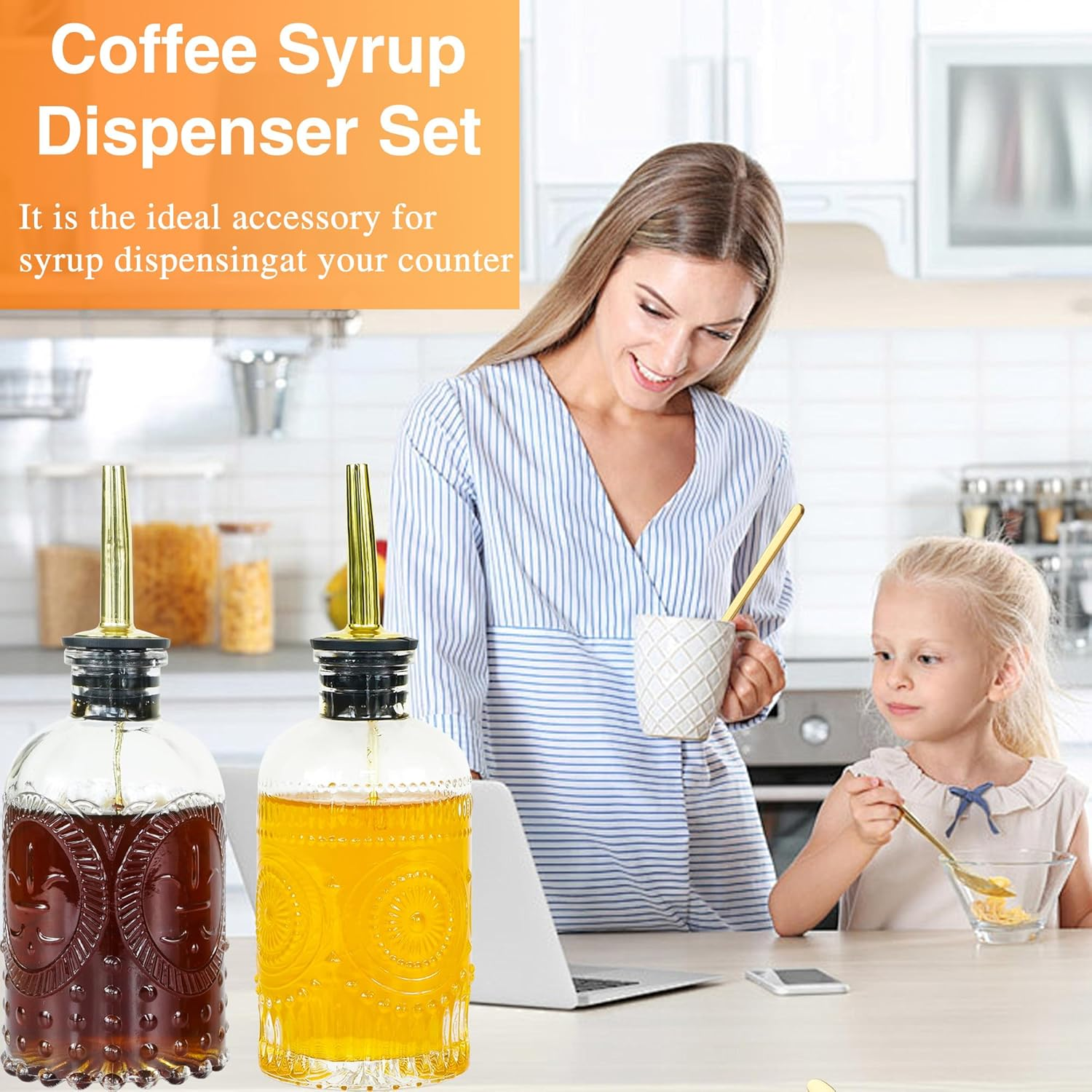Oudizz Coffee Syrup Dispenser Set 2 Pcs - 200Ml Syrup Dispenser Glass with Metal Pour Spout for Coffee Bar - Honey Jar Honey Dispenser Refillable for Kitchen - Pack Of 4 image number 3
