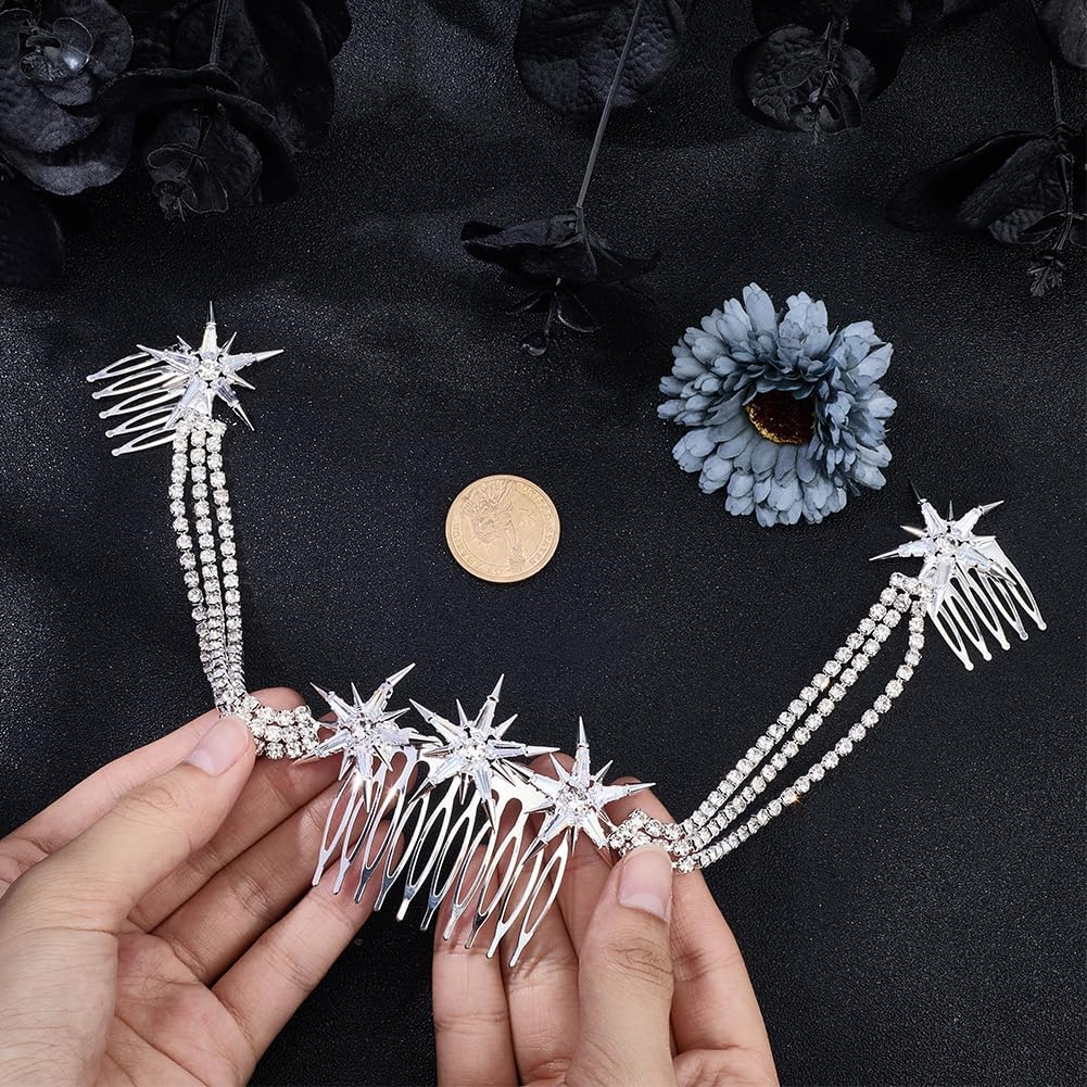 CABODYALS Silver Hair Comb with Multilayer Rhinestone and Star Fashionable Crystal Tassel Fringe Chain Tendrils Headpiece Heavenly Glitter Hair Clip Headband Jewellery for Women Wedding Party Outfi image number 4