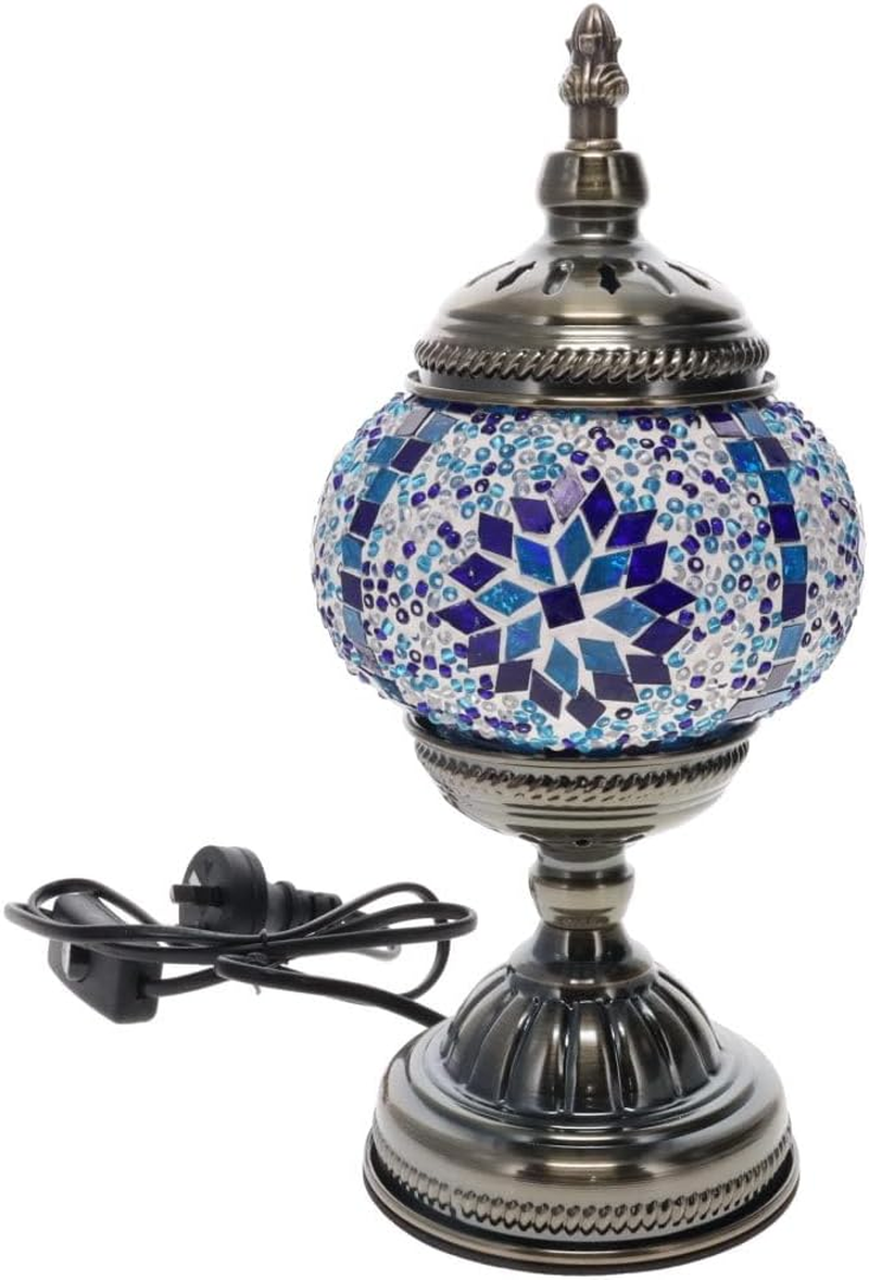 Mosaic Table Lamp, Blue Handcrafted Glass, Turkish Style Decorative Lighting with Metal Base