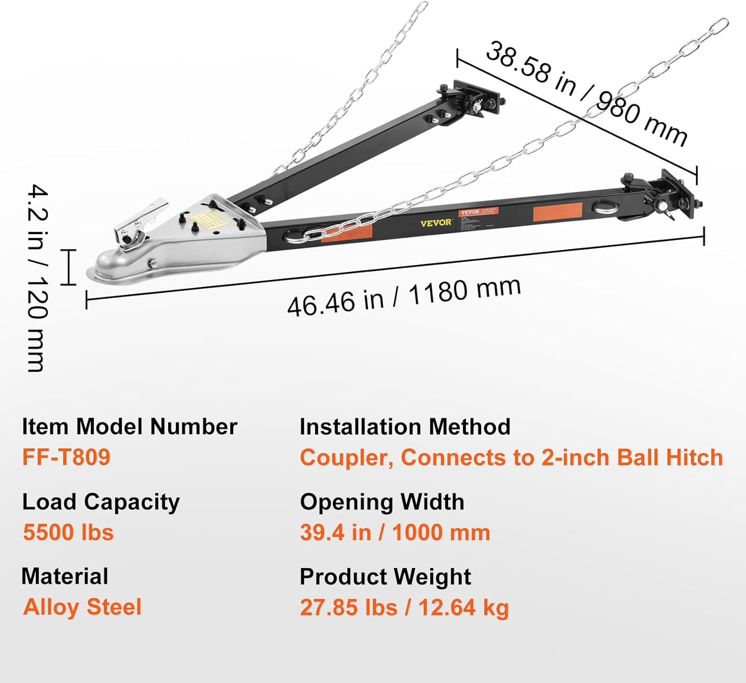 VEVOR Tow Bar, 2495 Kg Towing Capacity with Chains, Powder-Coating Alloy Steel Bumper-Mounted Universal Towing Bar, Coupler Fits 5Cm Ball Hitch, 100 Cm Opening Width, for RV Car Trailer Truck image number 5