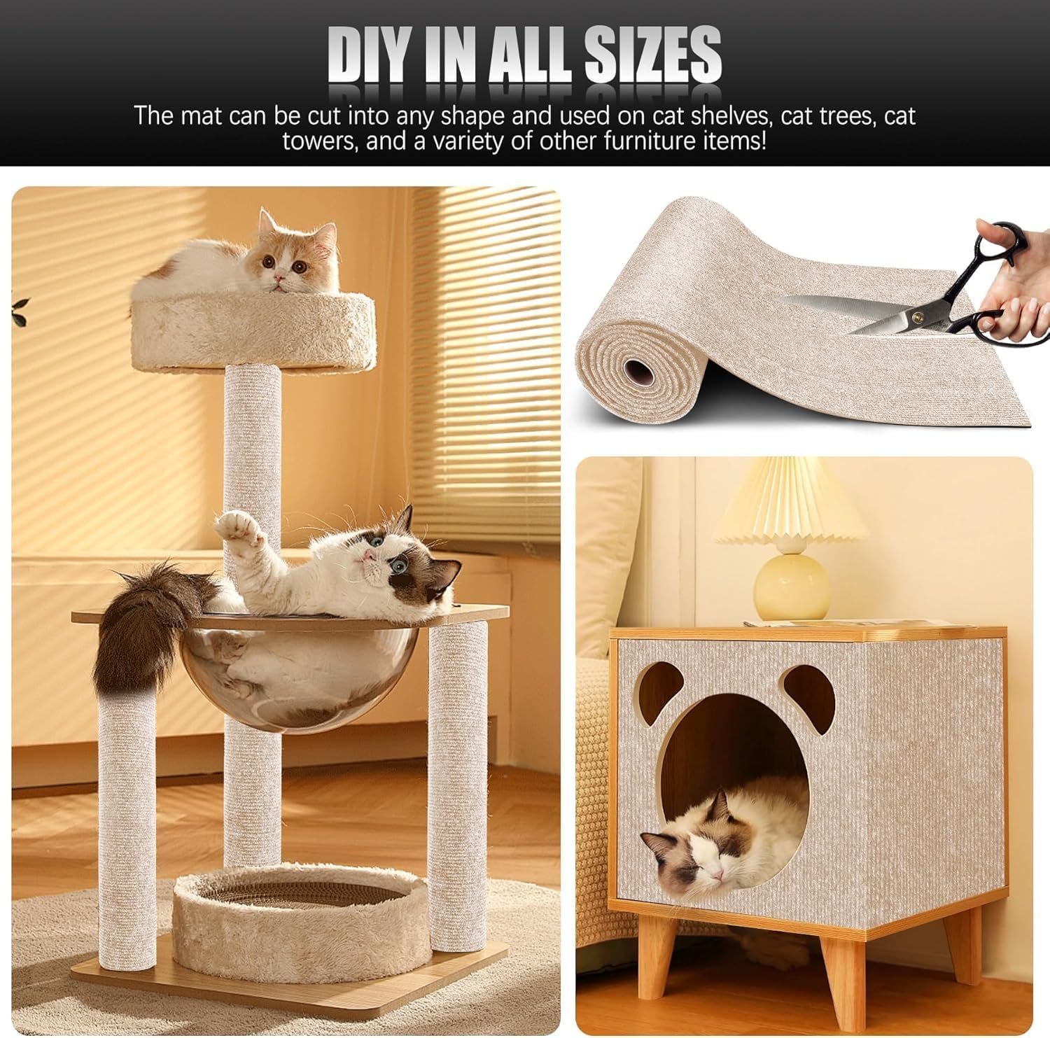 2PCS Self-Adhesive Cat Scratch Mats, Trimmable DIY Cat Scratcher Pads for Couch, 100&times;40Cm,Wall, Doors & Furniture Protection, Durable Anti-Scratch Cover for Cat Towers (Khaki) - Khaki image number 6