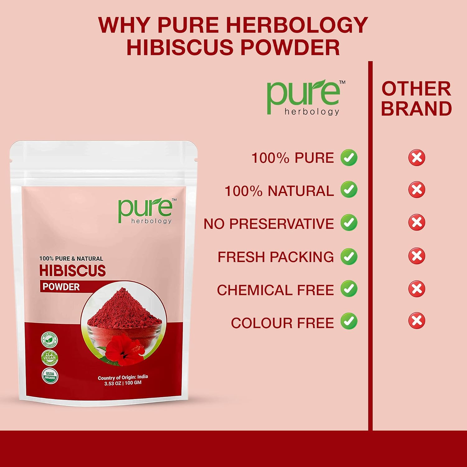 Pure Herbology Pure & Natural Hibiscus Flower Powder for Face Packs and Hair Growth & Care, 200Gm image number 4