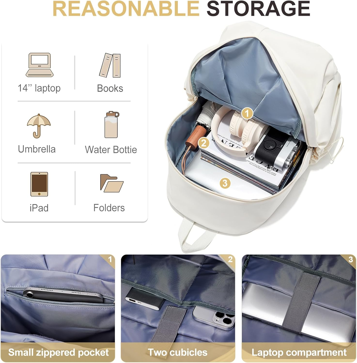 WEPOET Backpack for Women Men Lightweight Small Travel Backpack Simple Work Backpack with Laptop Teacher College Backpack - C2-Beige image number 2