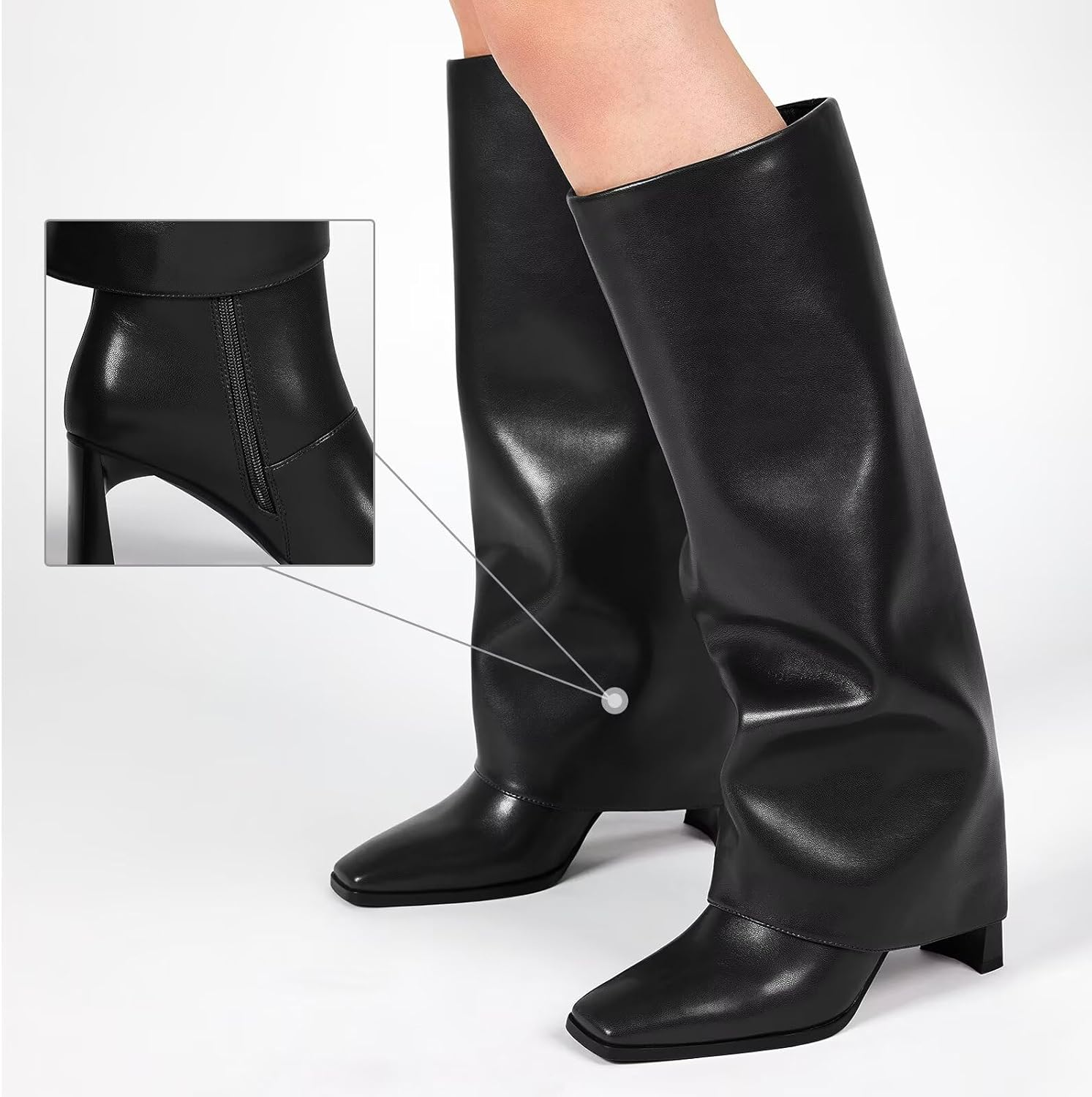 Wetkiss Knee High Boots Women Fold over Square Toe Chunky Heel with Half Zipper Long Knee High Dress Tall Boots for Women Fashion Party Wedding Daily image number 7