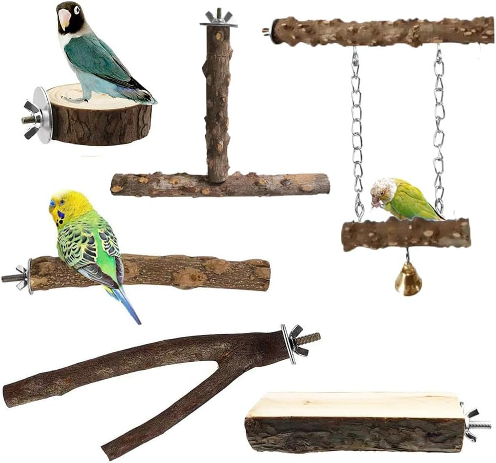 XICEN Bird Perches, 6Pcs Natural Wood Birds Stand Branch, Bird Perch Chewing Stick Cage Accessories Parrot Climbing Standing Branches Paw Grinding Fork Sets for Parakeet Lovebirds Cockatiels