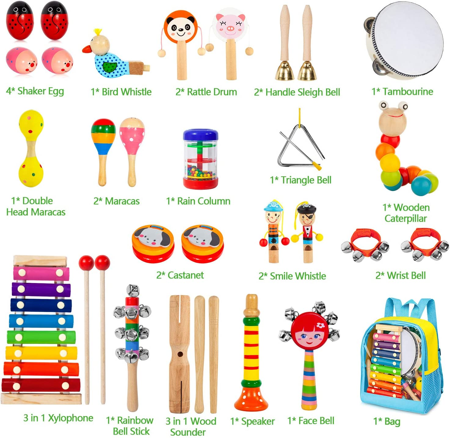 Toddler Musical Instruments, 33 PCS 19 Types Wooden Percussion Instruments Toys for Baby Kids Preschool Education, Early Learning Musical Xylophone Tambourine Drums Toy for Boys and Girls image number 2