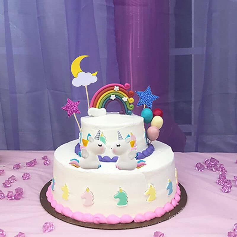 AIMALL 21Pcs/Set Unicorn Cake Topper Kit Cloud Rainbow Happy Birthday Banner Decoration with Rainbow, Happy Birthday Banner, Clouds, Stars & Moon, and Unicorns, Fits 6-10 Inch Cakes image number 4