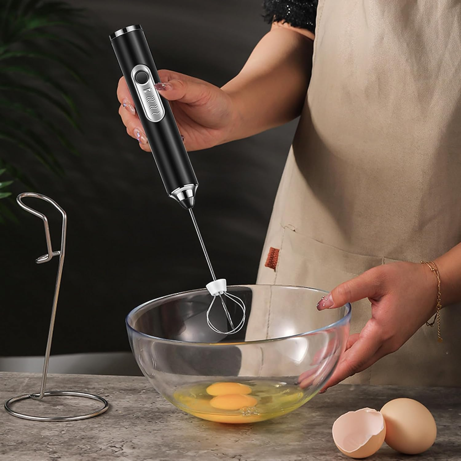 Milk Frother Rechargeable Handheld Electric Whisk Coffee Frother Mixer with 2 Stainless Whisks 3 Speed Adjustable Foam Maker Blender for Coffee Matcha Latte Cappuccino Protein Powder (Black) - White image number 3