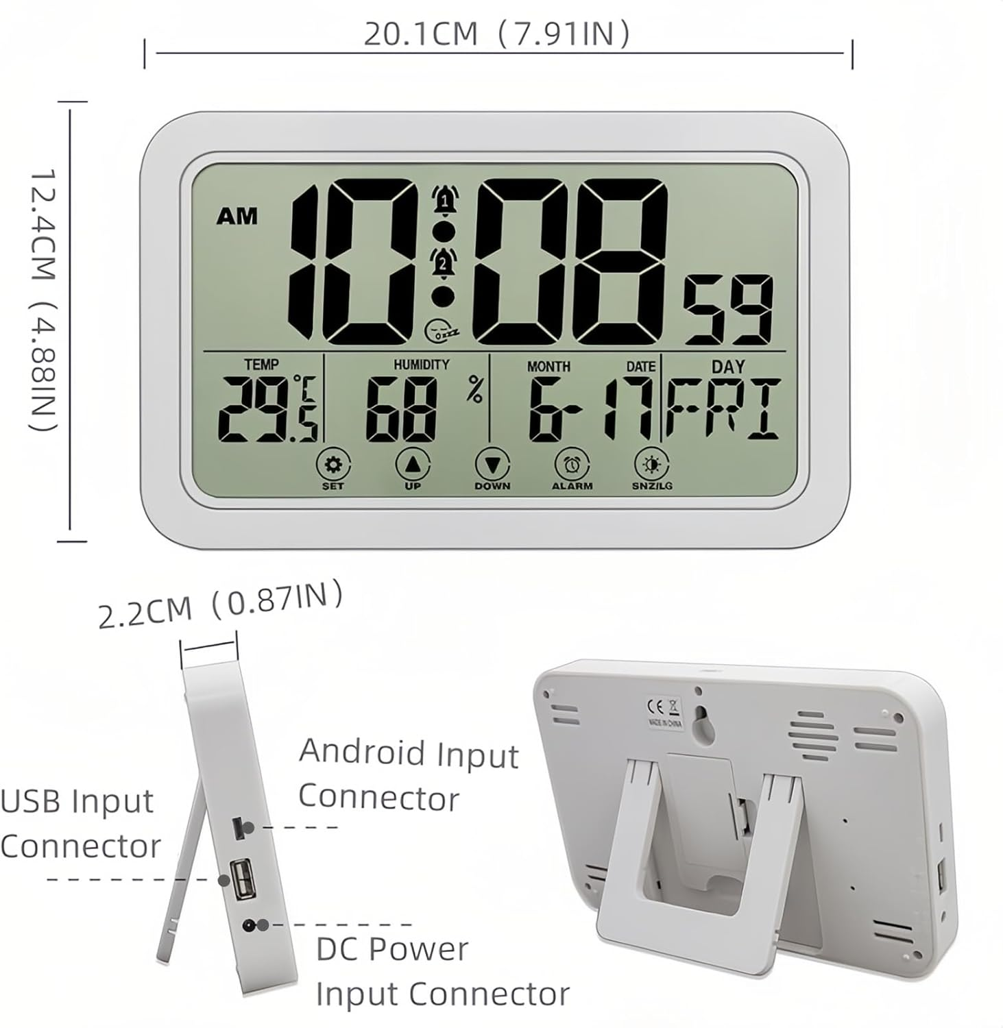 Lancoon Touchscreen Alarm Clock with Backlight, 2 Music Sets Snooze Display Temperature and Humidity Date and Day, Usb/Android Input Port, Hanging or Standing for Bedroom Living Room Office image number 6