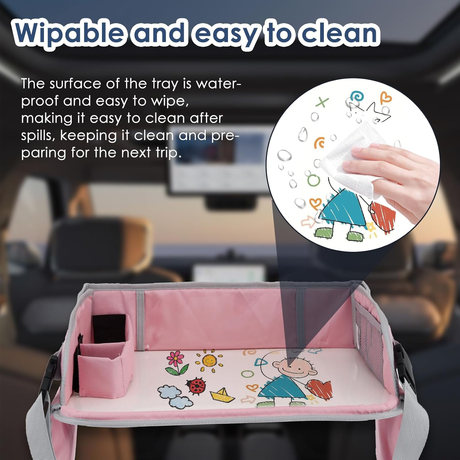 Car Seat Tray Enduring Kids Travel Tray Easy to Install Car Seat Table Tray with Adjustable Strap Portable Easy to Clean Car Seat Tray for Kids Travel Toddlers (Pink) image number 4
