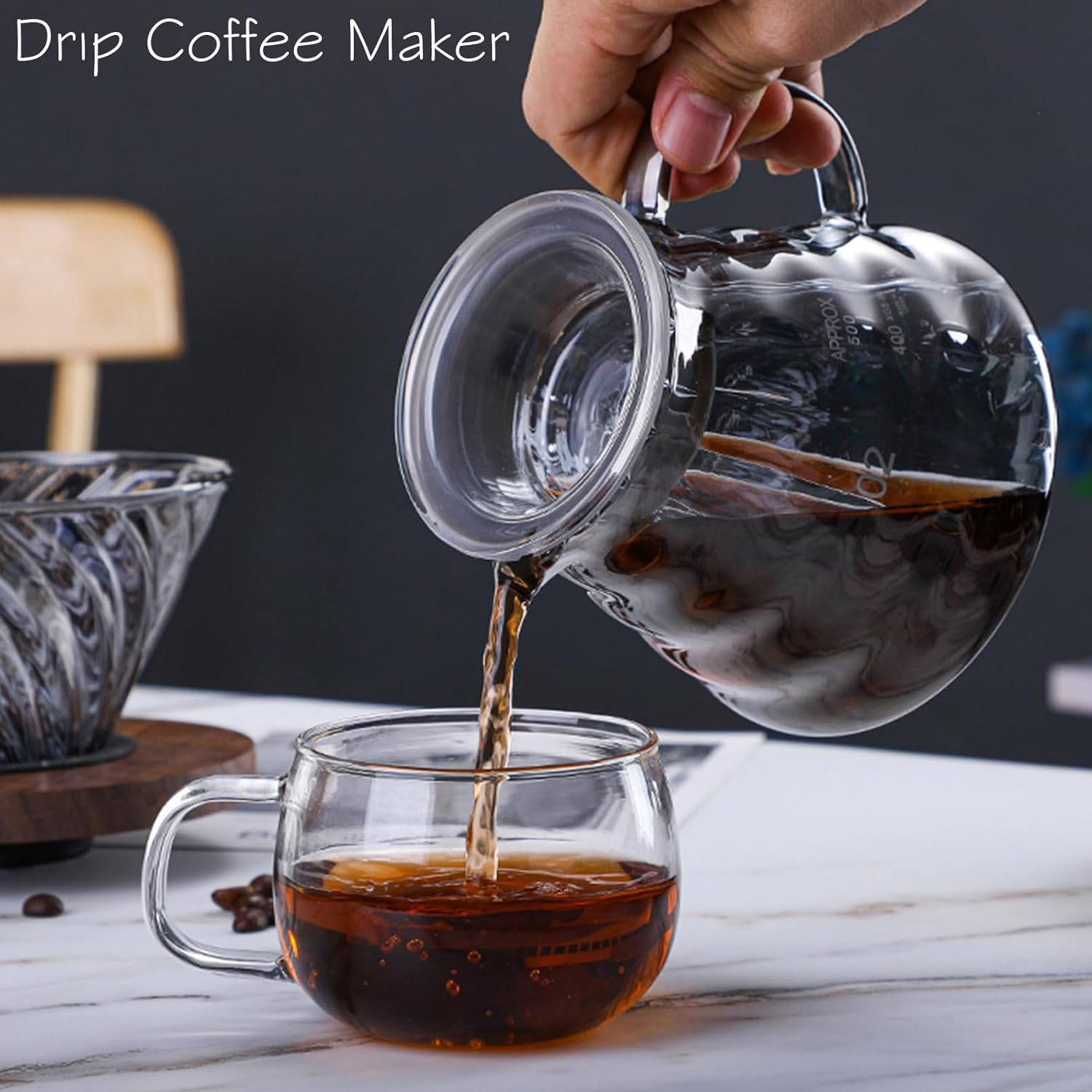 Qiccijoo Pour over Coffee Maker Set,Drip Coffee Maker with 100 Pcs V01 Paper Filter,20 Oz Borosilicate Glass Carafe,Portable Coffee Dripper Brewer for Home Cafe Restaurant Camping, 600Ml image number 5