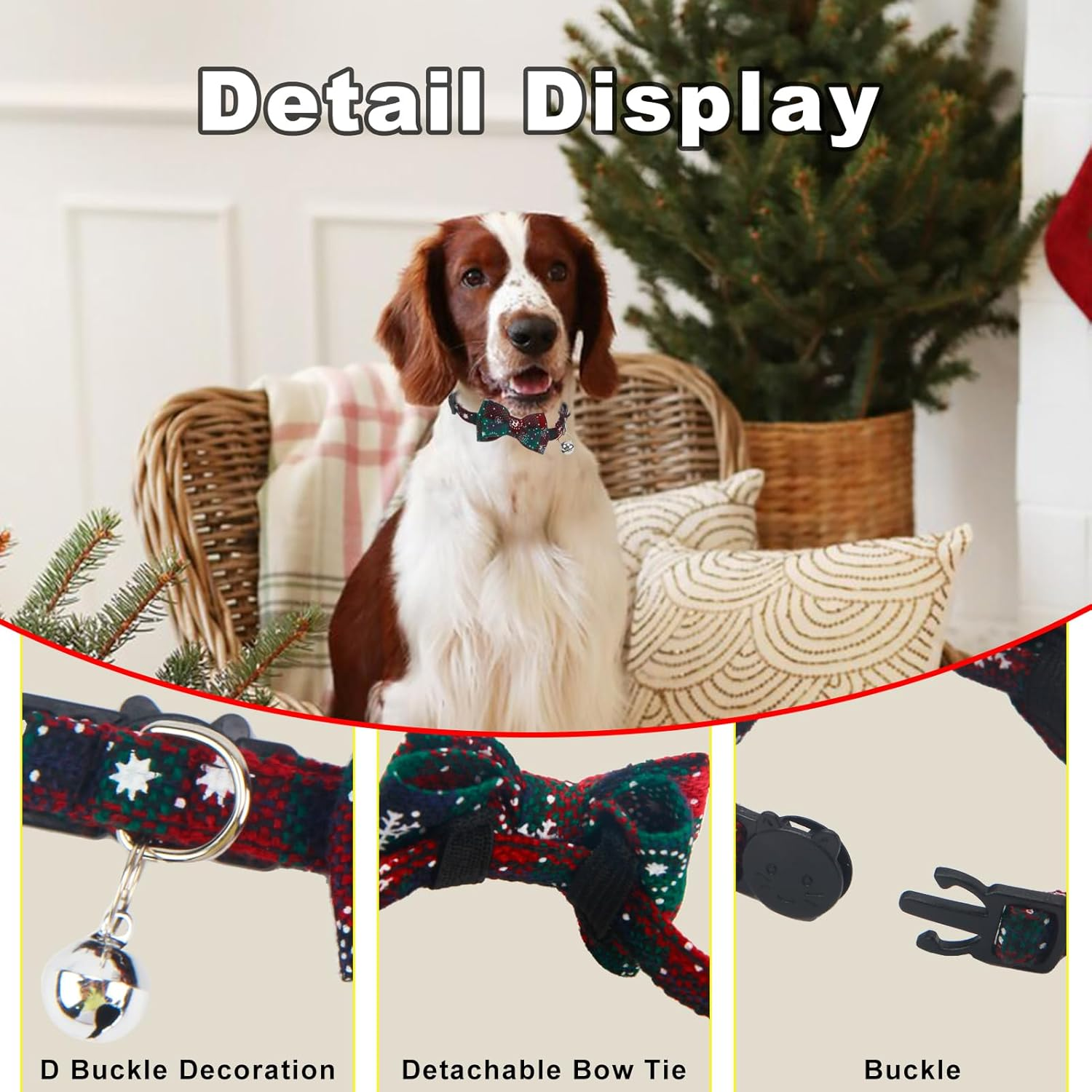 Christmas Dog Collar Cat Collar Adjustable Dog Collar with Dog Bow Tie and Bell Removable Collar Cat Christmas Decoration for Small Medium Kittens and Puppies Dogs image number 3