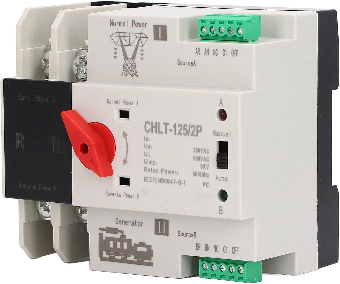 Dual Power Automatic Transfer Switch, CHLT-125/2P AC230V Millisecond Power Transfer Switch, High Sensitive Response Electronic Circuit Breaker Changeover Switch for Home (63A) image number 6