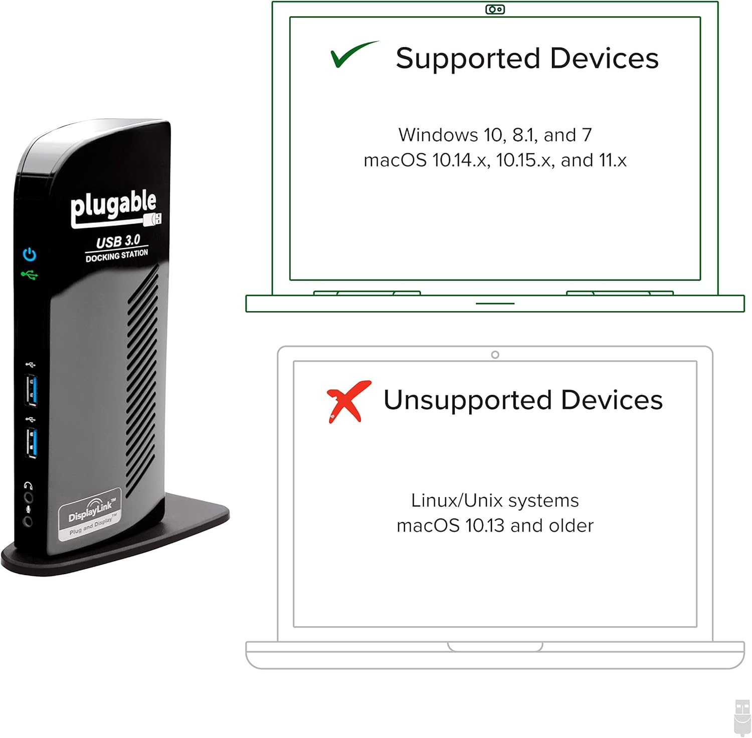 Plugable USB 3.0 Universal Laptop Docking Station Dual Monitor for Windows and Mac, USB 3.0 or USB-C, (Dual Video: HDMI and HDMI/DVI/VGA, Gigabit Ethernet, Audio, 6 USB Ports) image number 1