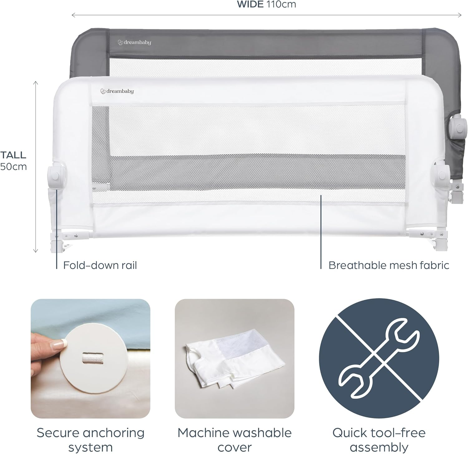 Dreambaby Maggie Toddler Bed Rail Guard - Foldable & Portable Bed Rails Safety Barrier - Suitable for Recessed and Flat Bed Bases up to King Size Mattress - 110Cm Wide X 50Cm Tall - White image number 4