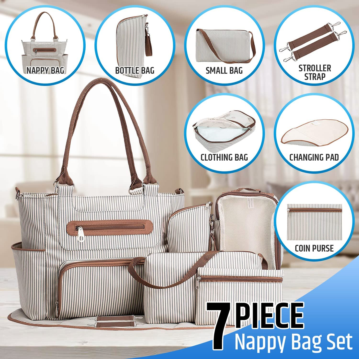 Nappy Bag - Diaper Bag Set - Tote Bag - Comes with Bottle Bag, Small Bag, Stroller Strap, Clothing Bag, Changing Pad, Coin Purse - Multifunctional Wide Open Style for Easy Access - Water Resistant image number 3