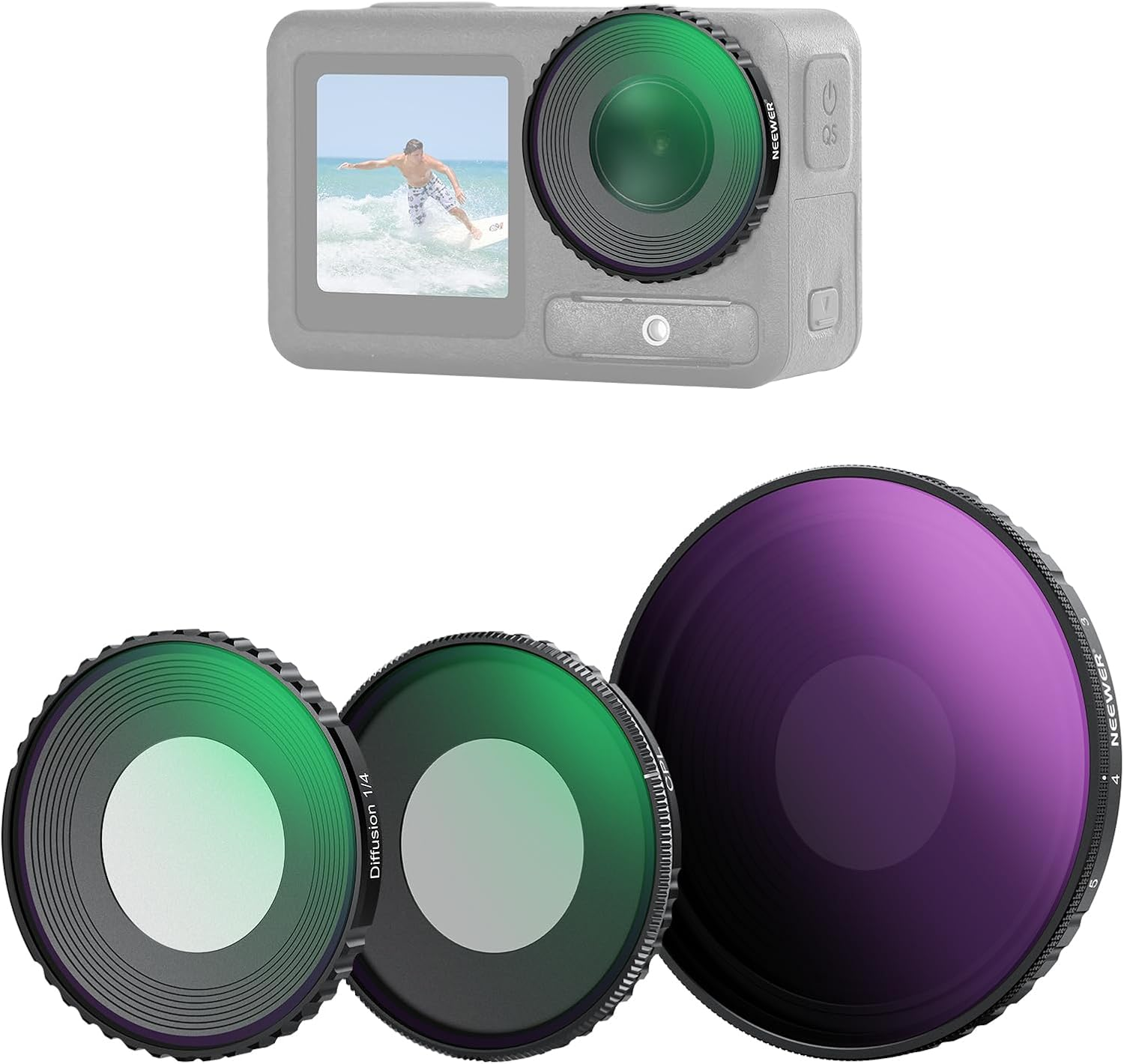 NEEWER ND Filter Kit Compatible with DJI Osmo Action 5 Pro/4, Variable ND8-32 (3-5 Stops) + CPL + Black Diffusion 1/4 Screw on Filter Multicoated HD Optical Glass Action Camera Accessories, FL-52 image number 6