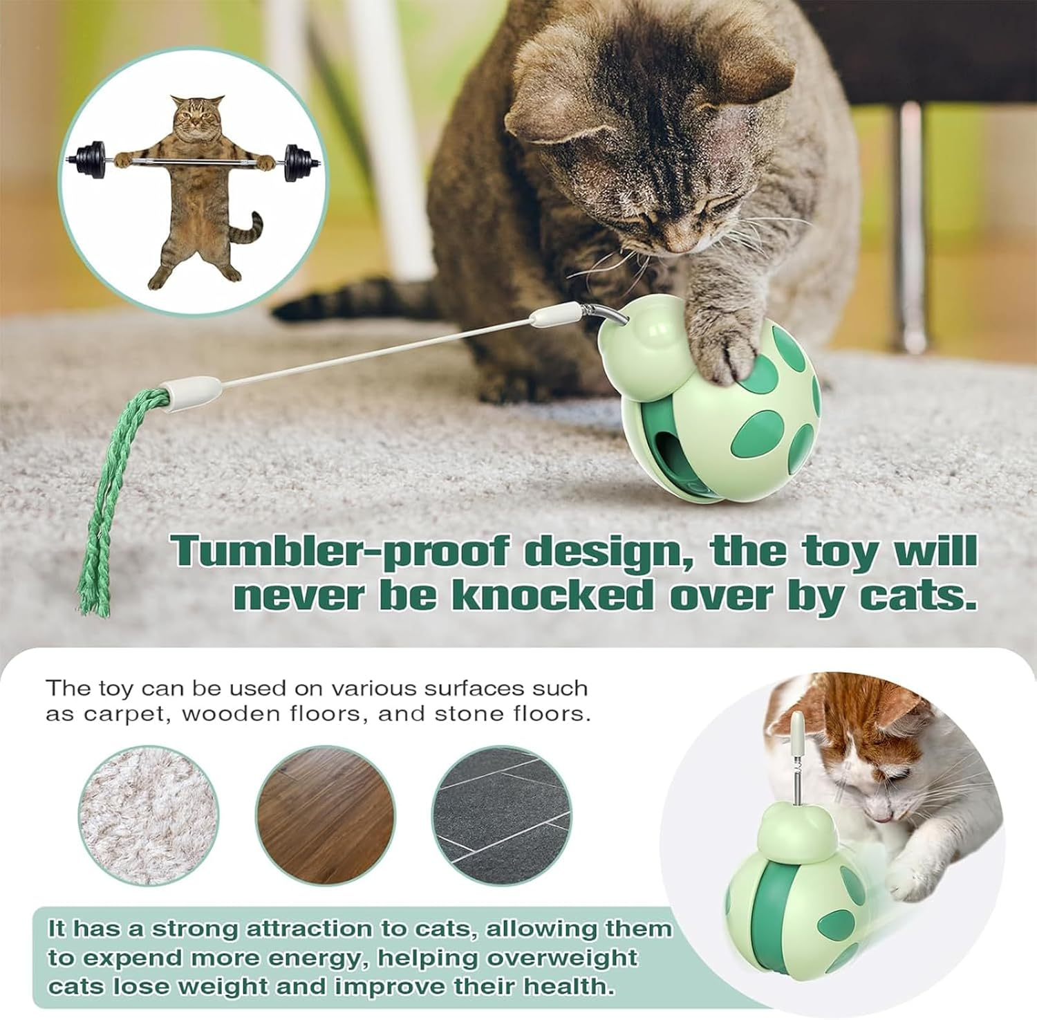 Yeanifeana Beetle Cat Toy for Indoor Cats, Interactive Treat Dispenser & Tumbler Toy with Cat Wand, Slow Feeder Balance Car Design for Exercise/Boredom Relief (Green) image number 6