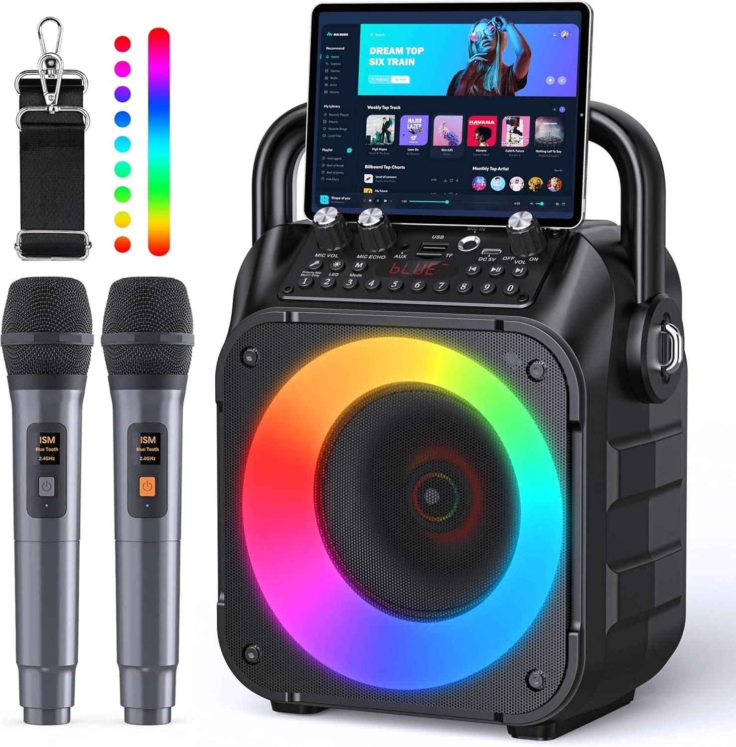 Karaoke Machine with 2 Wireless Microphones, Portable Bluetooth Speaker for Adults & Kids with Lights, Karaoke Microphone with PA System Supports Usb/Tf/Rec/Fm/Aux,Christmas Birthday Gifts for Party image number 3