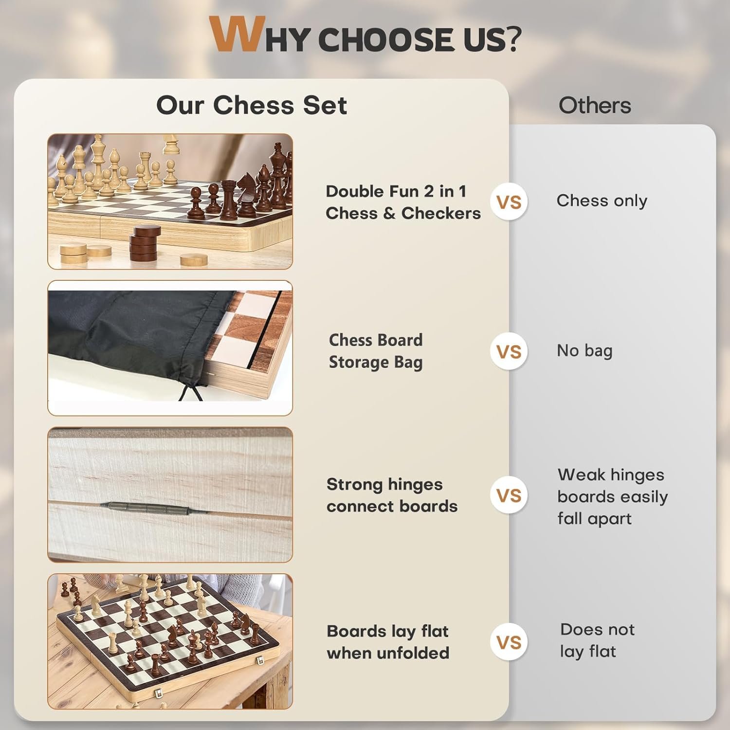 Chess Board Set with Checkers - 15.35" Wooden Chess Board Game Travel Chess for Adults & Kids, Chess Gift Toys for Boys Girls (15.35&ldquo;) image number 6