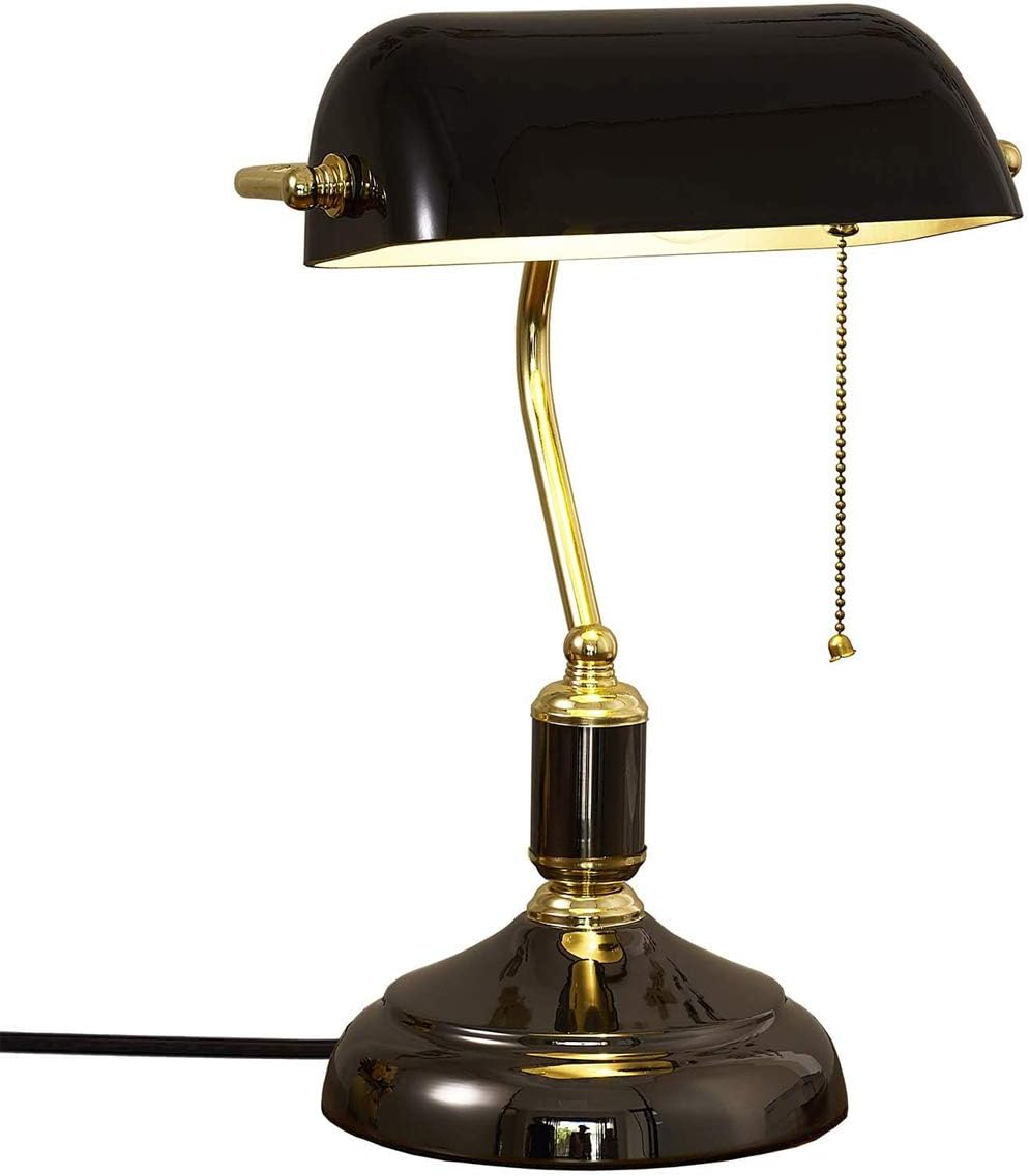 OIJVRHN Desk Lamp Retro Green Glass Shade Polished Brass Metal Base E27 Bankers Table Lamp with Pull Line Switch