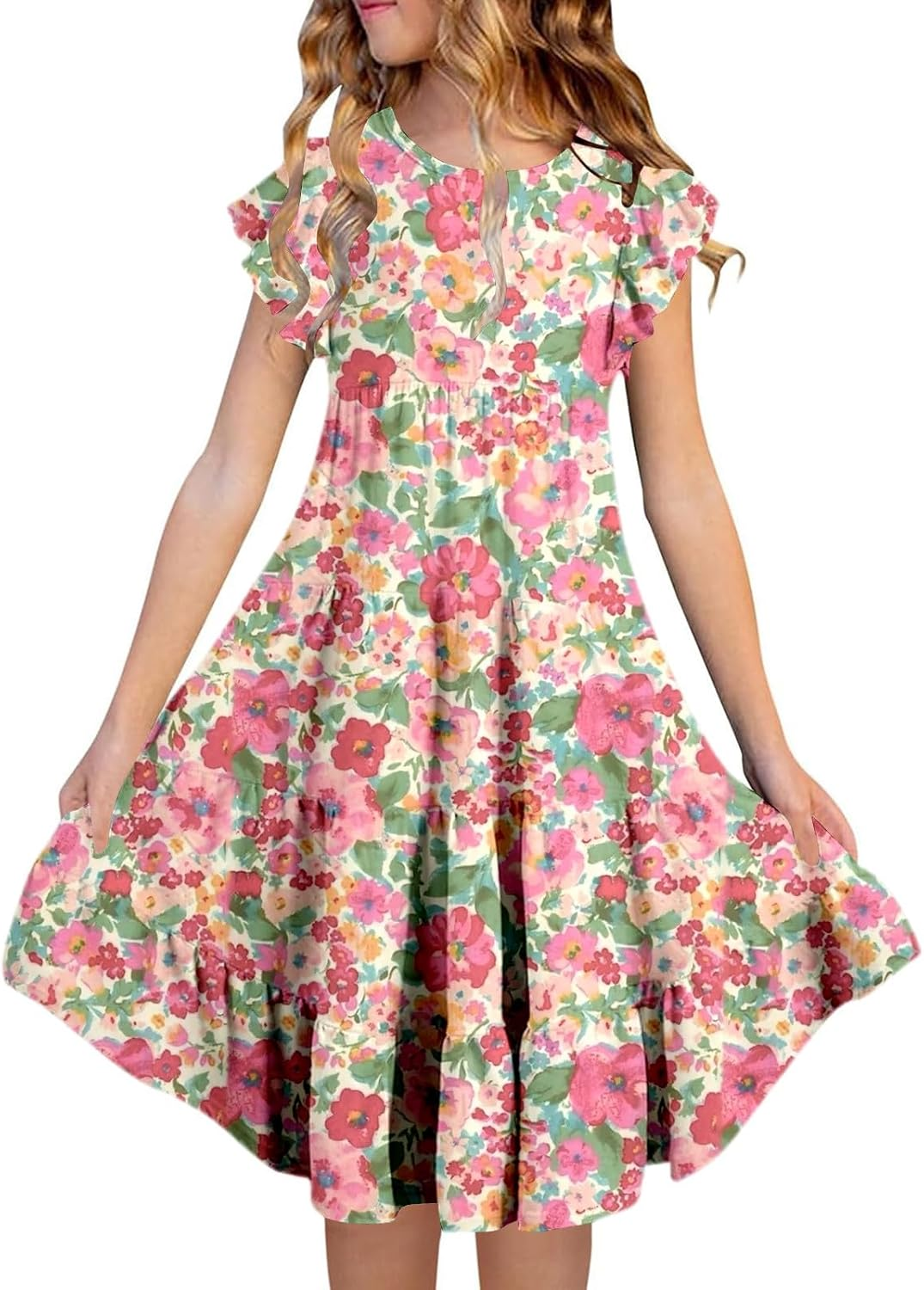 Summer Dresses Girls Casual Dresses Beach Dress Teenager Knee-Length Girls Dresses Casual Midi Dress Short Sleeve Party Dress Princess Dress Children'S Dress 6-15 Years