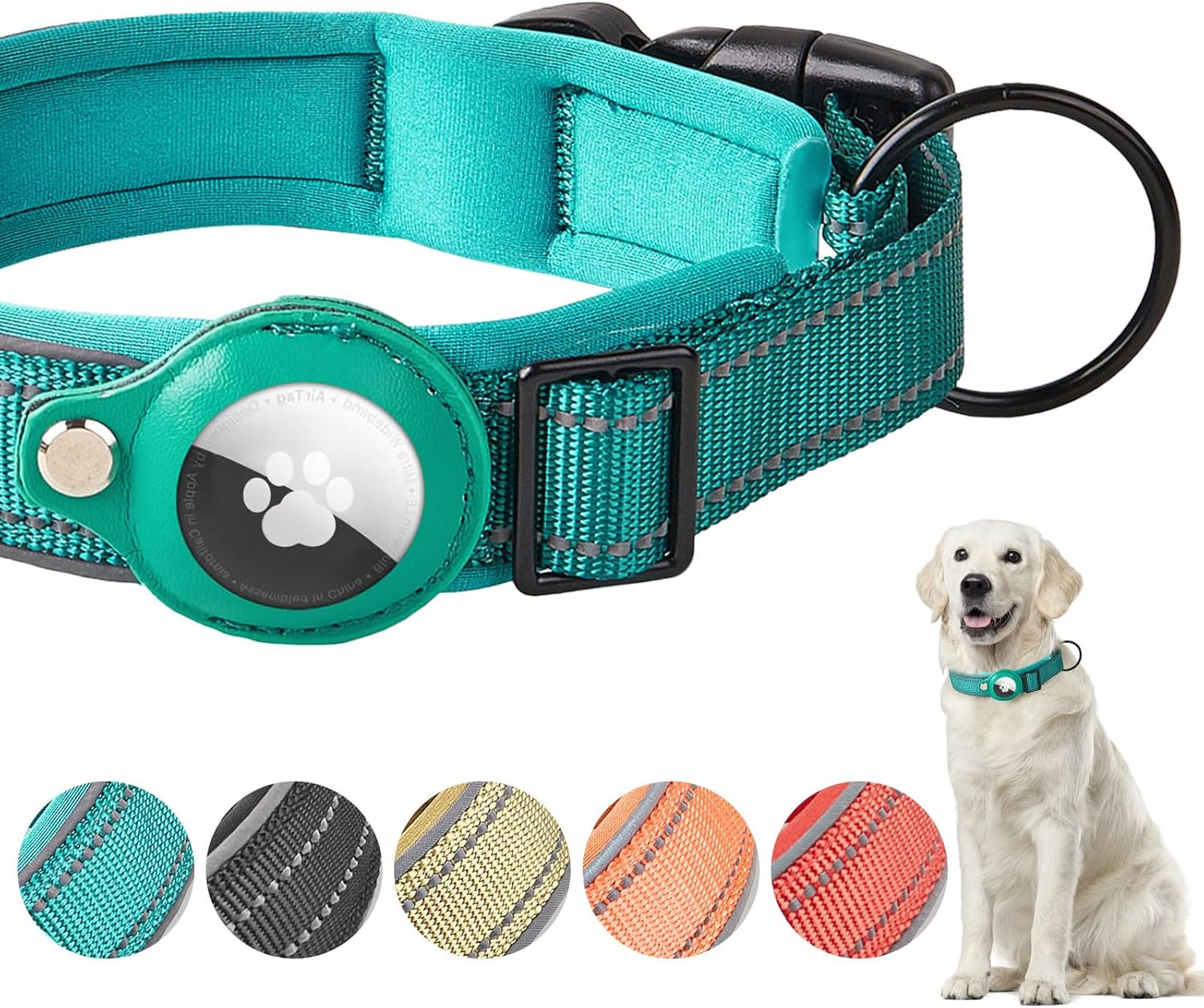 Boloshine Airtag Dog Collar, Adjustable Reflective Nylon Dog Collar, with Quick Release Buckle and Holder for Apple Air Tag, Durable Anti-Lost Dog Collars for Small Medium Large Dogs (Cyan, L) image number 3