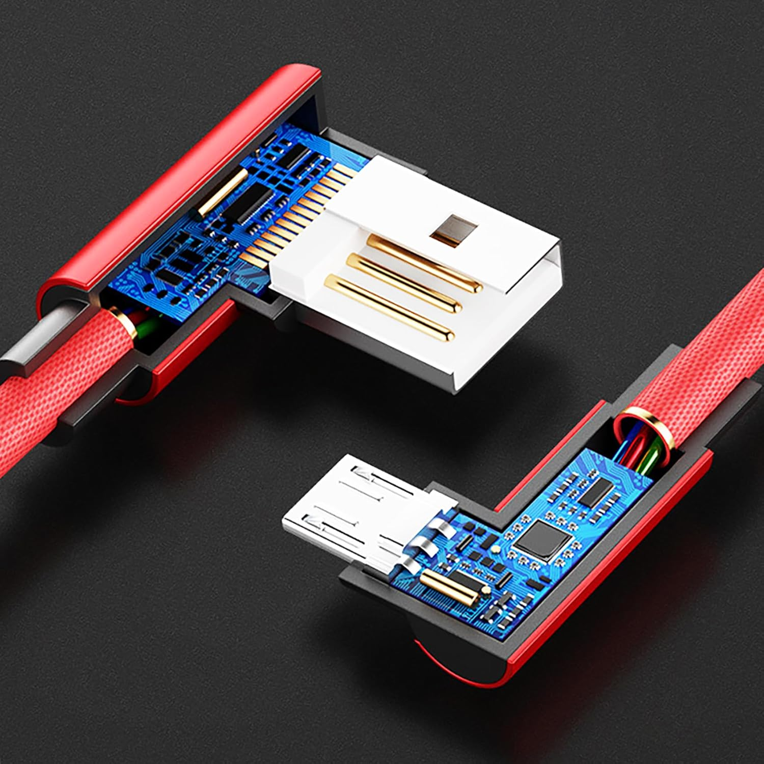 Tunghey 2Pack Dual Right Angle Micro USB Cable, USB a to Micro B Cord 90 Degree, High Speed Sync Durable Nylon Braided Android USB 2.0 Fast Charging Cable for S7 Note,Power Bank. Black/Red (1.5M) - 1.5M image number 5