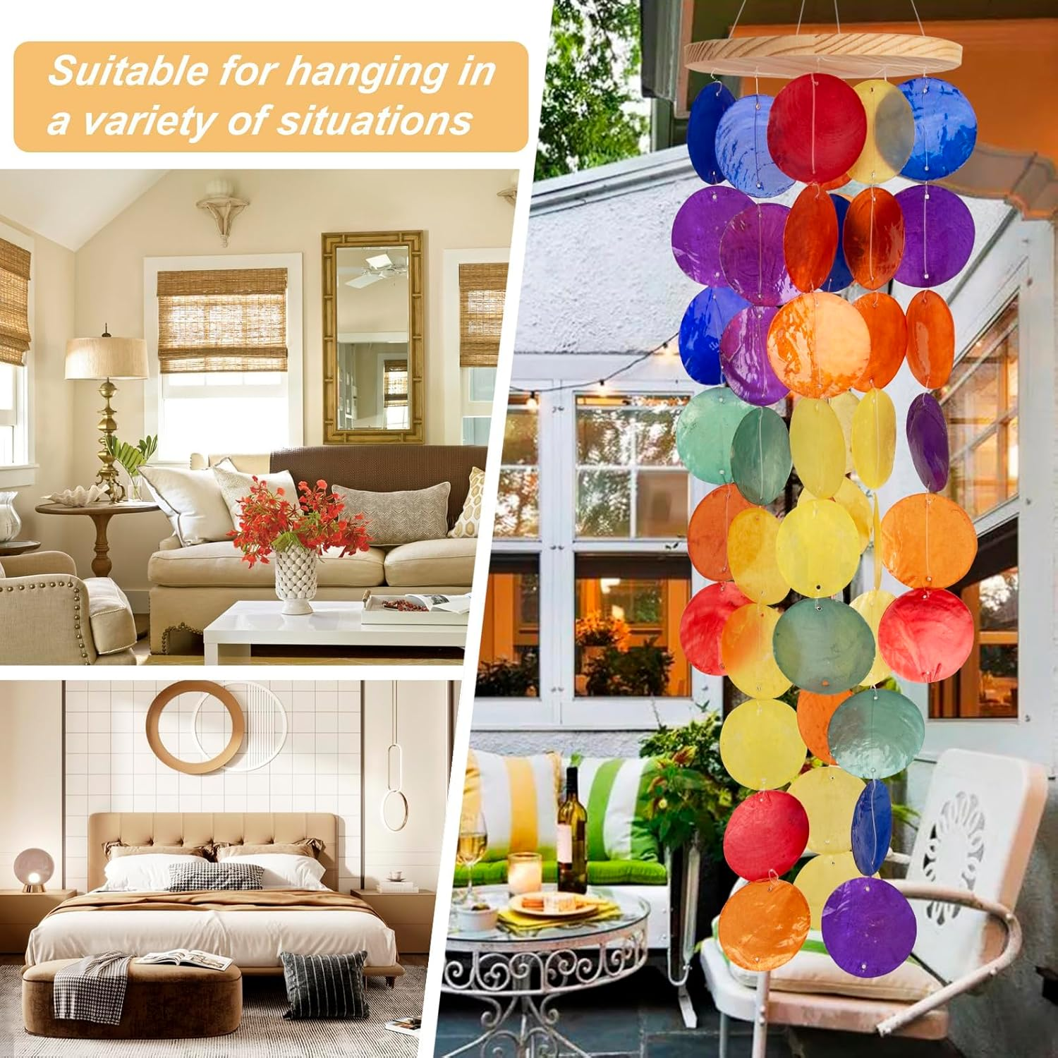 Wind Chimes for outside - Handcrafted Rainbow Capiz Shells Windchime Coastal Style Decor for Indoor/Outdoors, Garden Decor, Great Present for Women, Wind Chimes Lovers and More image number 5