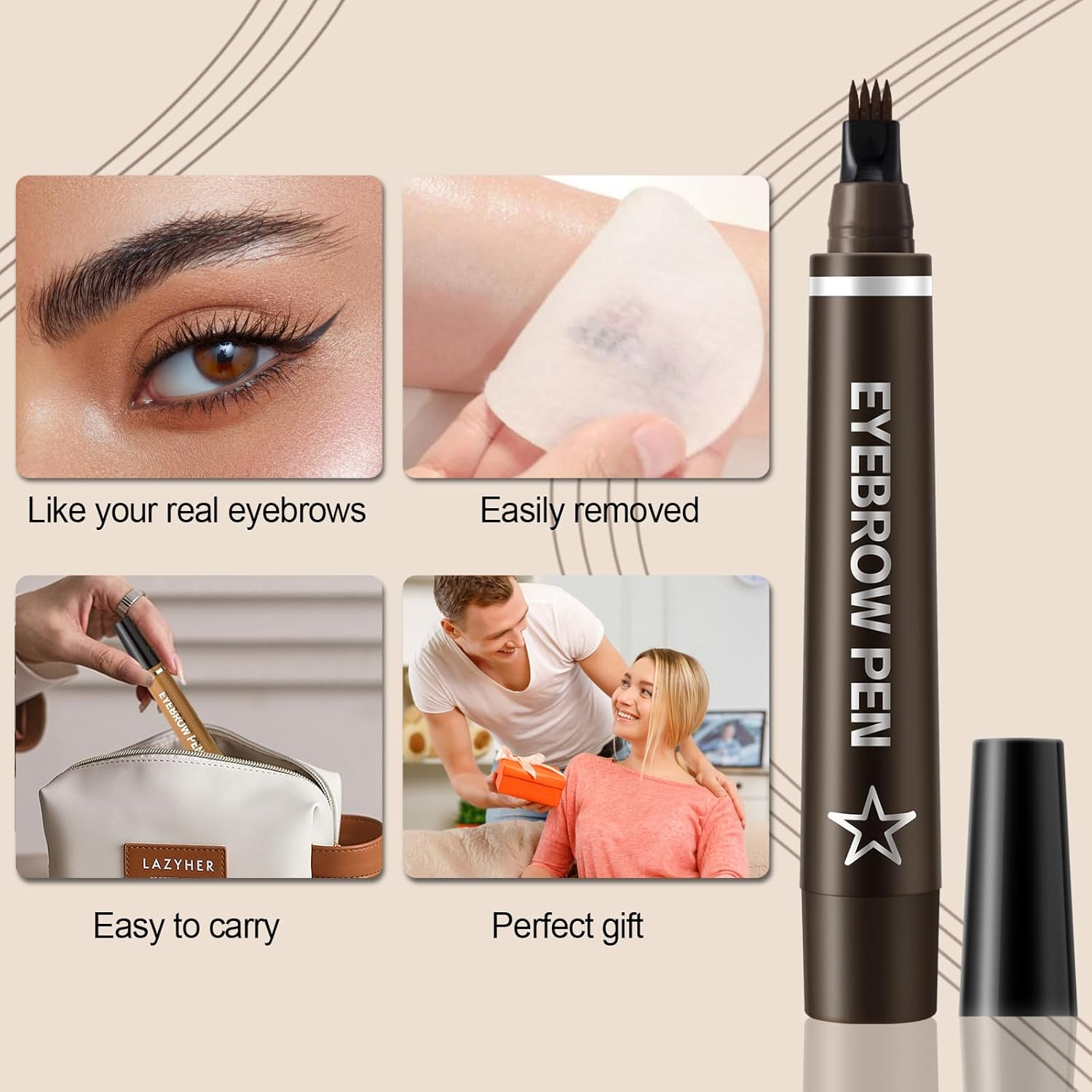 Apooliy Microblading Eyebrow Pen,Waterproof Eyebrow Pencil with Micro 4-Fork Tip,Long Lasting Eye Brow Pen & Clear Brow Gel Set,Eye Makeup Pencil for Women,Dark Brown - 03 image number 3