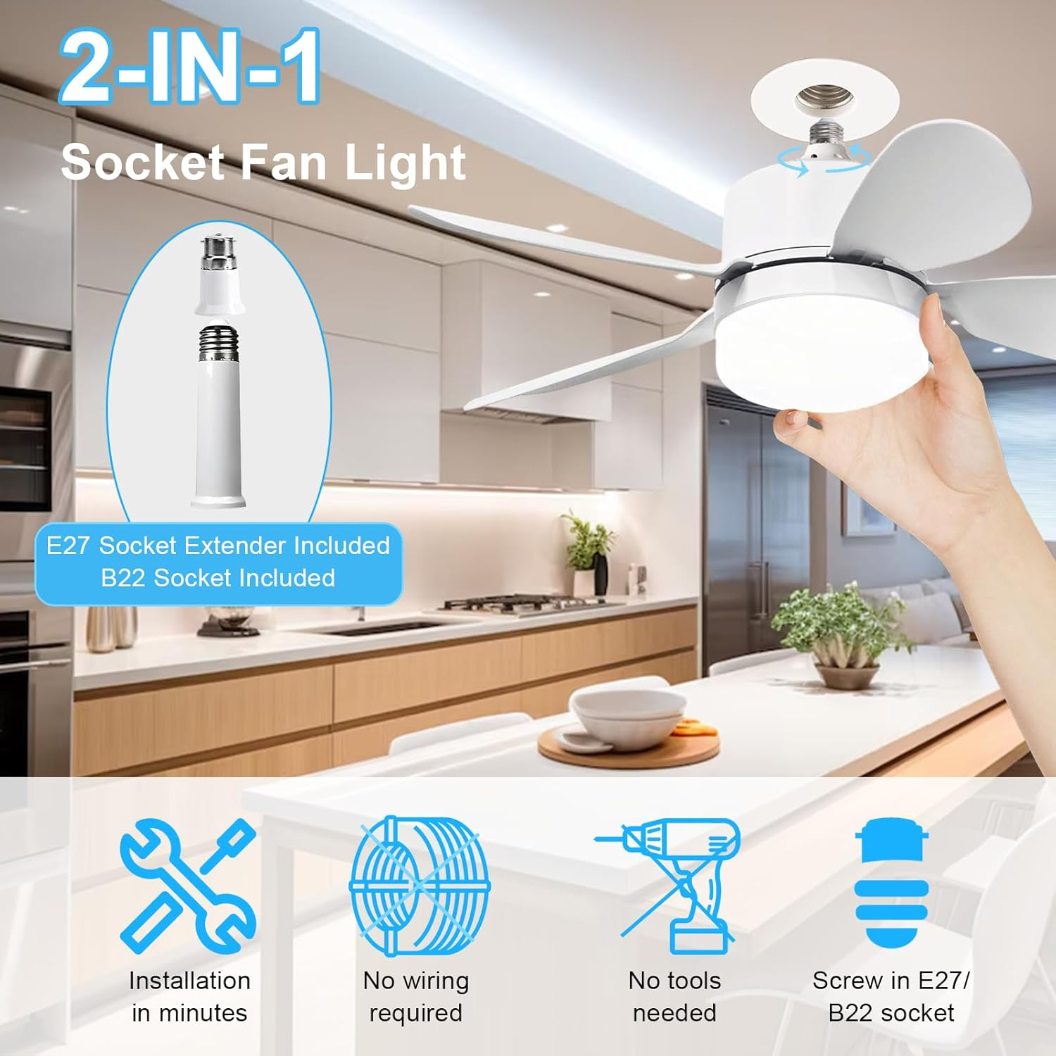 Ceiling Fans with Light and Remote, CREATESTAR 20" Socket Fan Light, E27/B22 Plug in Fan Light Bulb for Bedroom, Kitchen, Living Room -3 Color Temperatures, 3 Fan Speeds, 2000 Lumens, Dimmable image number 2