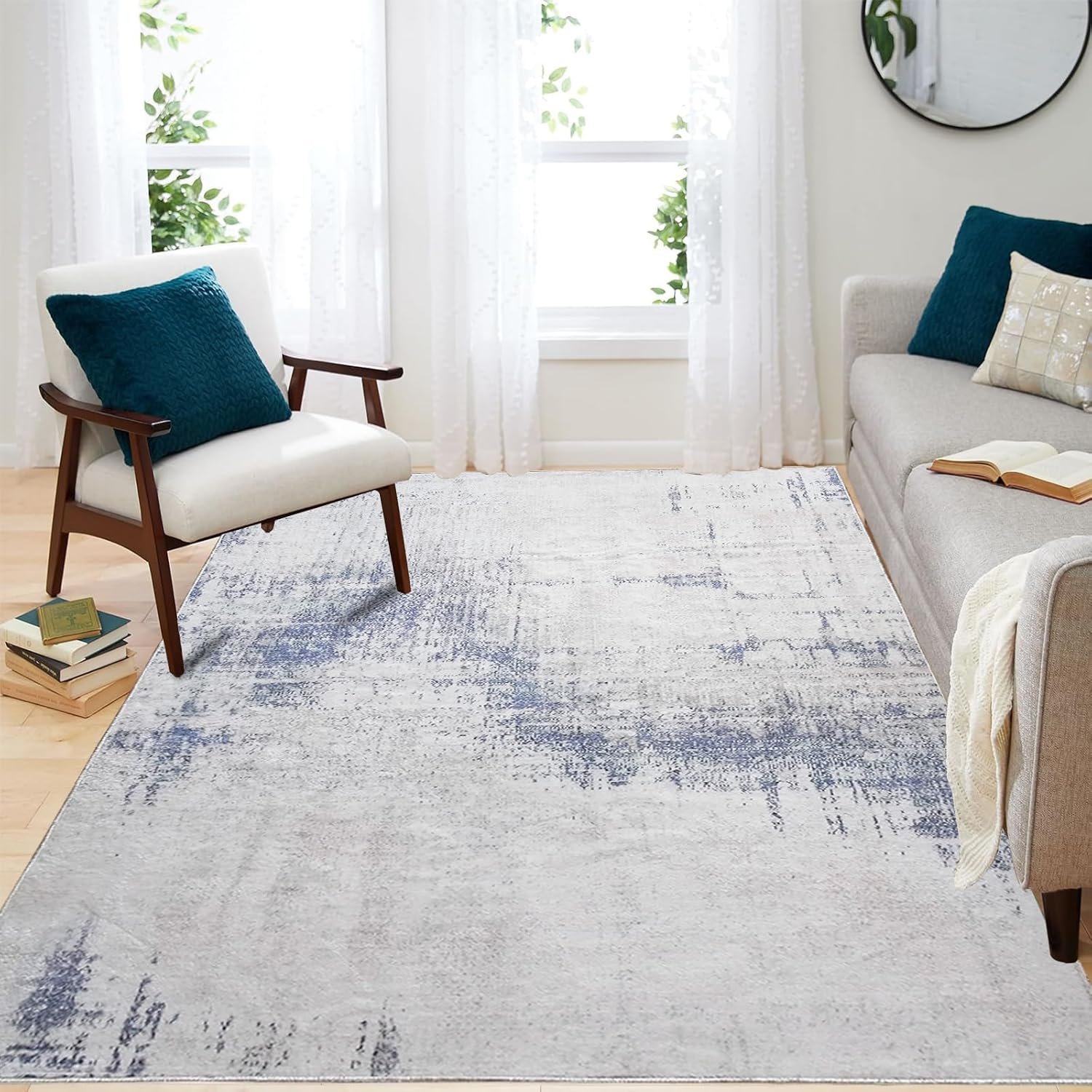 Leesentec Area Rugs for Living Room Non-Slip Machine Washable Rugs for Bedroom Low Pile Blue Rug Distressed Carpet for Kitchen Dining Room Home Office Indoor Floor Mat (Blue/Beige/Grey, 200 * 250 Cm)